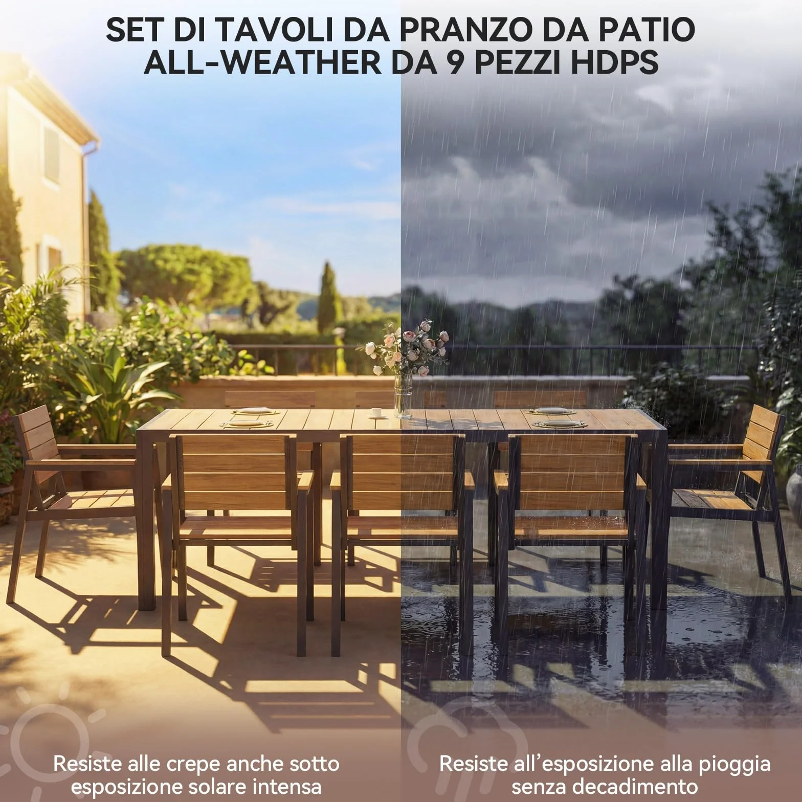 Devoko HDPS Set Tavolo e Sedie da Giardino 9 Pezzi Alluminio Finitura Vena di Legno 189 cm Naturale
