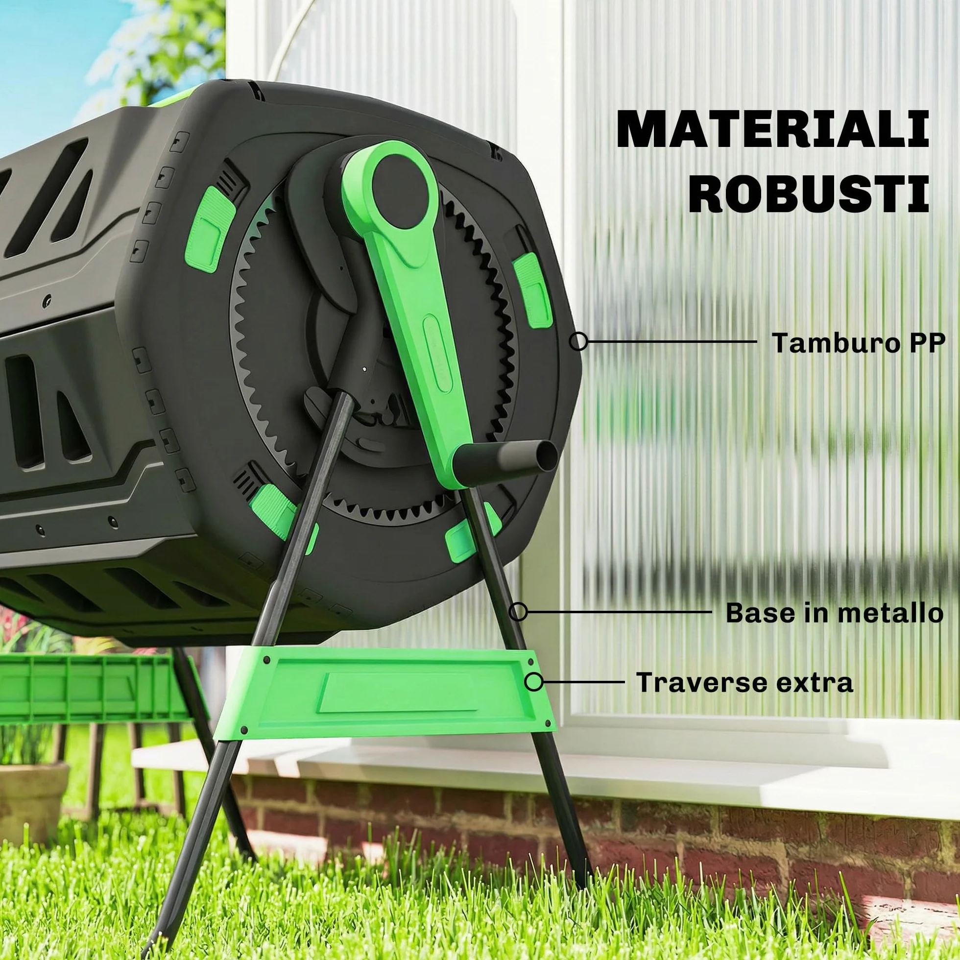 Outsunny Compostiera da Giardino Rotante 200L a Doppia Camera, Girevole 360°, Prese d'Aria, PP Senza BPA