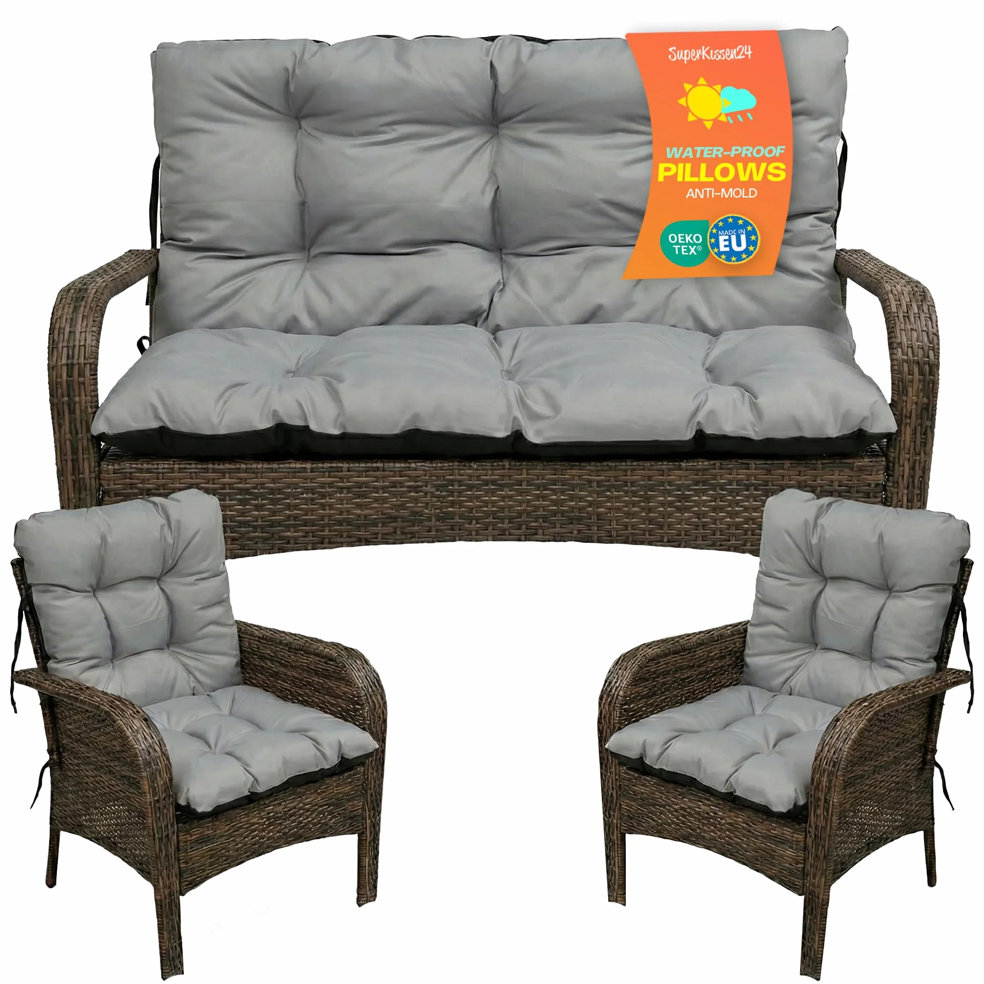 SuperKissen24. Cuscino Lungo per Panchina da Giardino 100x50 cm con Schienale 100x60 cm per Panca da Esterno ed Interno e Due Cuscini per Sdraio 48x96 cm - Grigio