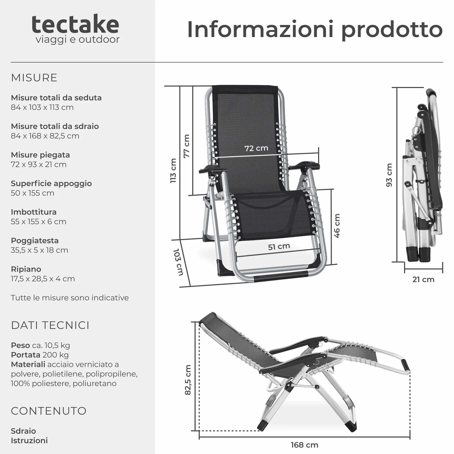 Tectake Sdraio da Giardino Lettino Prendisole Richiudibile con Cuscino Poggiatesta Grigio Chiaro