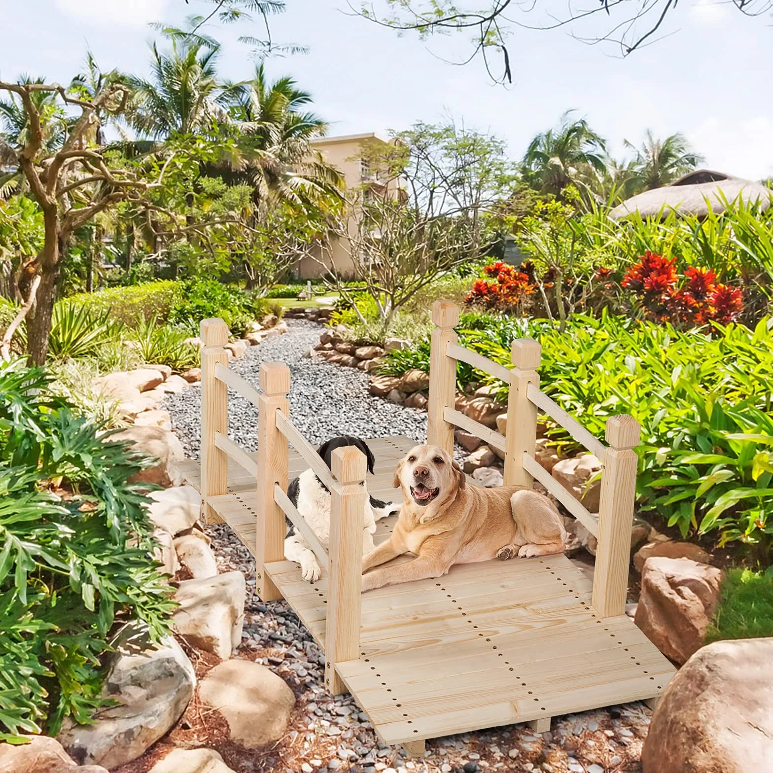 GYMAX Ponte da Giardino in Legno Lungo 150cm，Ponte Paesaggio Antico, Decorazione per Esterno (Naturale)
