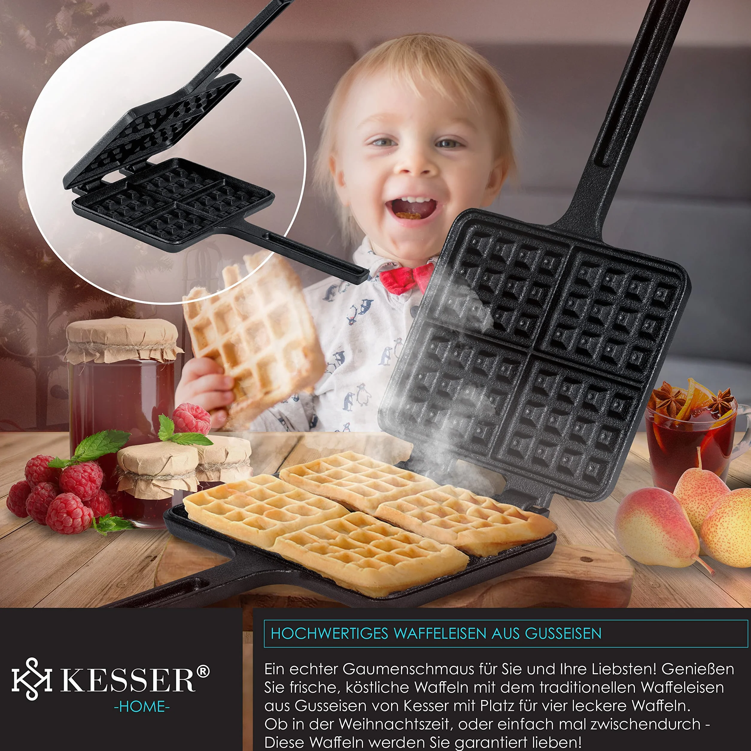 KESSER® Dutch Oven Set in scatola di legno con forno olandese Con molti accessori - ghisa - già bruciato con pentola di cottura piastra grill padella coperchio sollevatore I 12 Pezzi