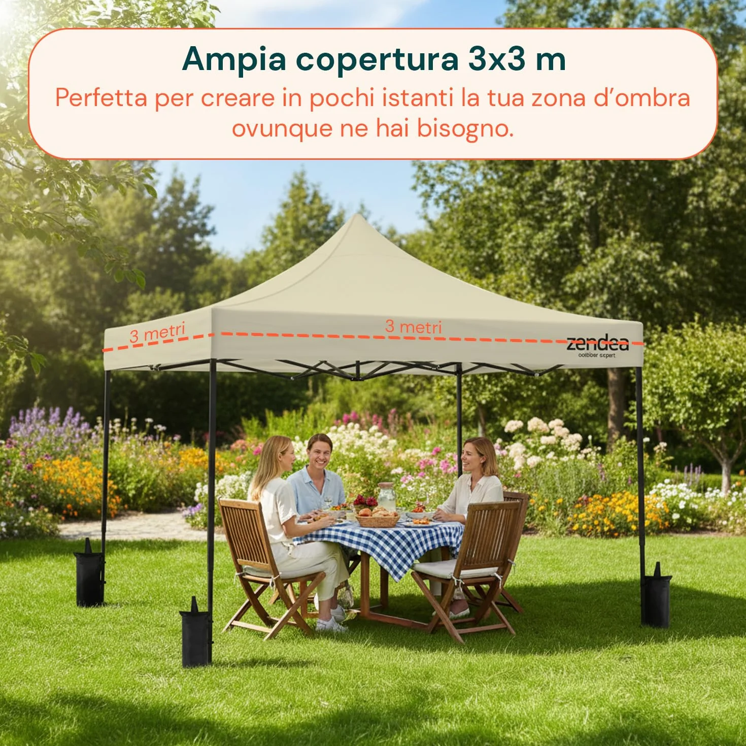 Gazebo Pieghevole Impermeabile 3x3 Beige Oxford 600D PVC Struttura Rinforzata per Giardino