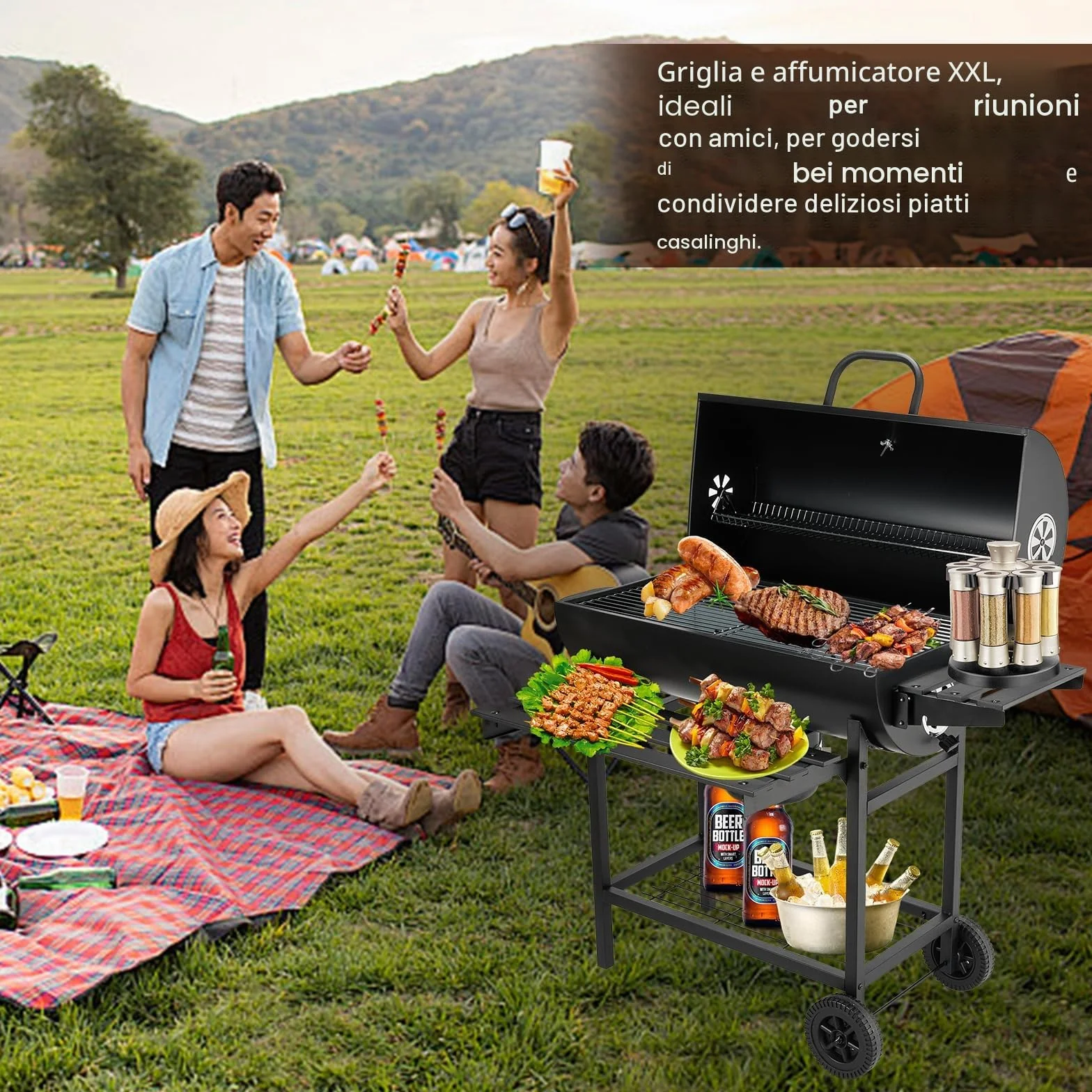 TEENO Barbecue Carbonella XXL z Grillem, Rękawice Antybakteryjne, Termometr, Szafka Popielnik, Regulowany Wylot