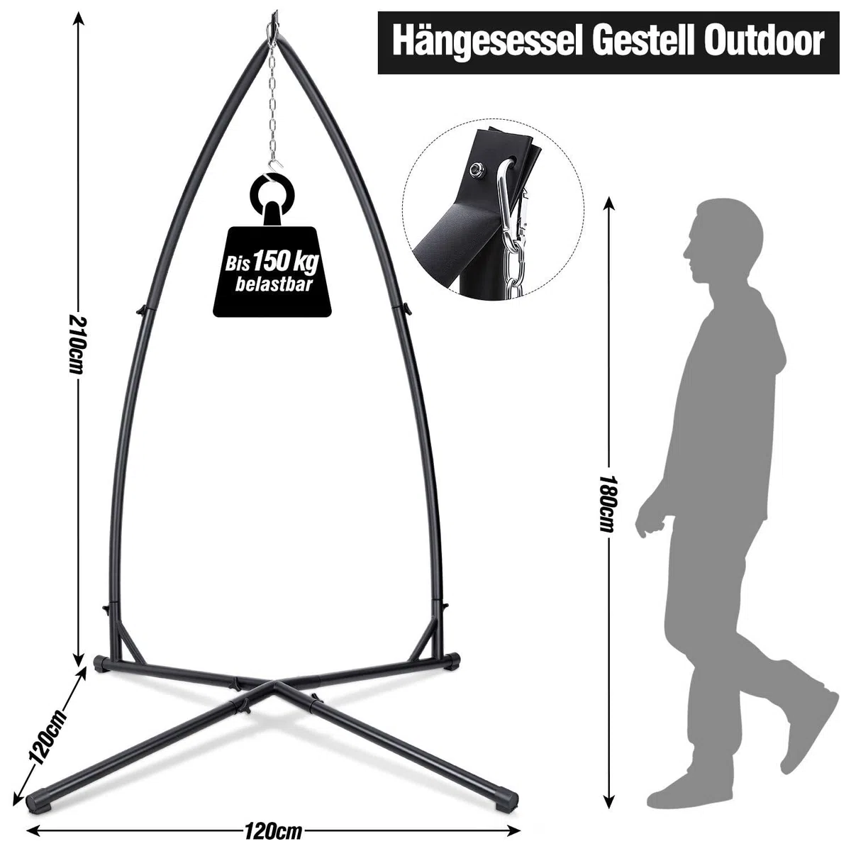 Struttura per sedia sospesa da 150 kg, in metallo, con struttura stabile, supporto per amaca per seduta sospesa, 215 cm, tubo in acciaio per interni ed esterni