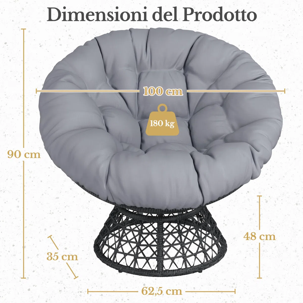 Yaheetech Poltrona da Giardino Girevole 360° Rattan Sedia a Dondolo Rotonda Papasan Cuscino Diametro 120 cm Nero Grigio