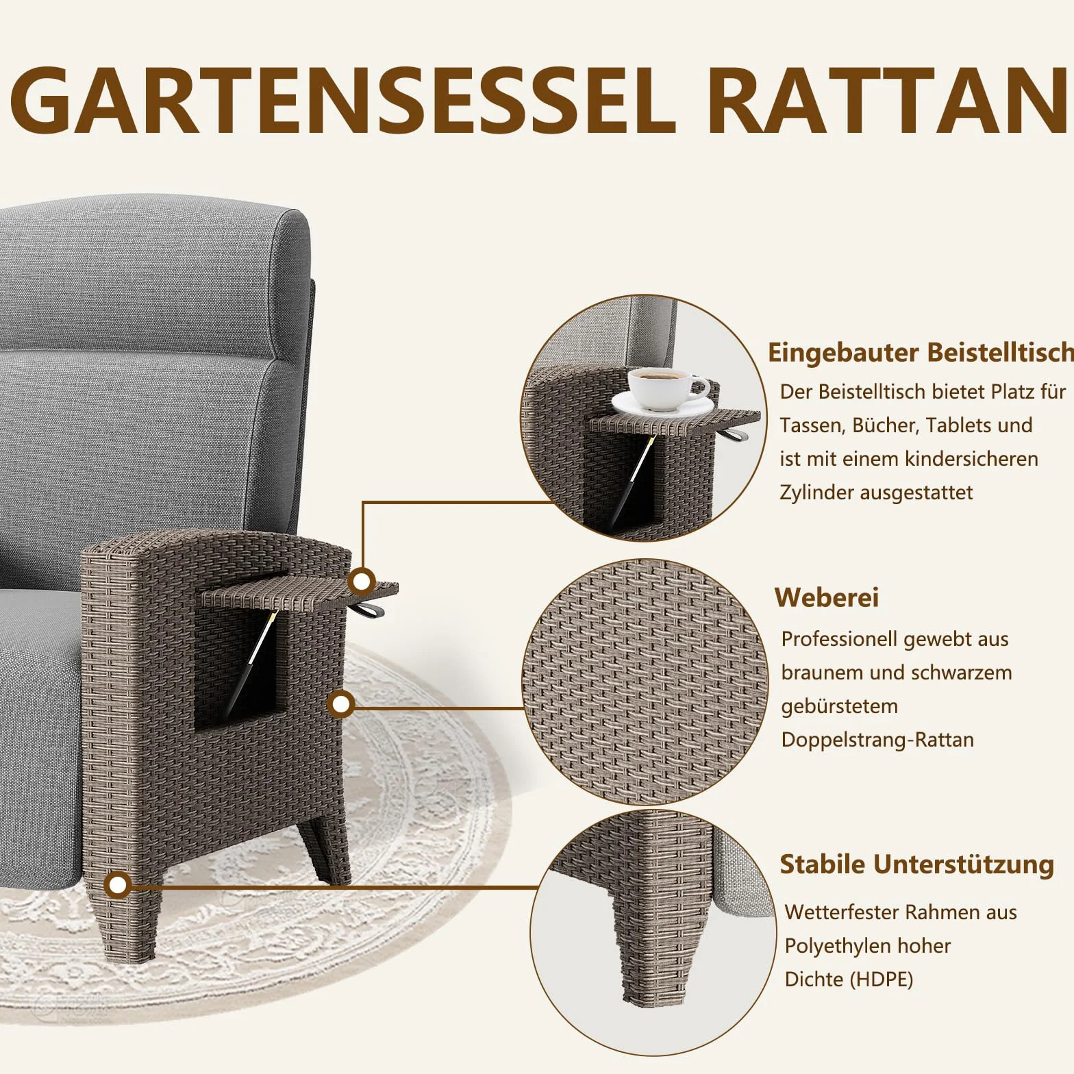 Sedia da Giardino in Rattan, Sedia Sdraio Imbottita da Casa, Portata 200 Kg, Schienale Regolabile a 160°, Tavolino Laterale Integrato, Adatta Per Giardino, Piscina, Balcone (Grigio Marrone, 1pack)