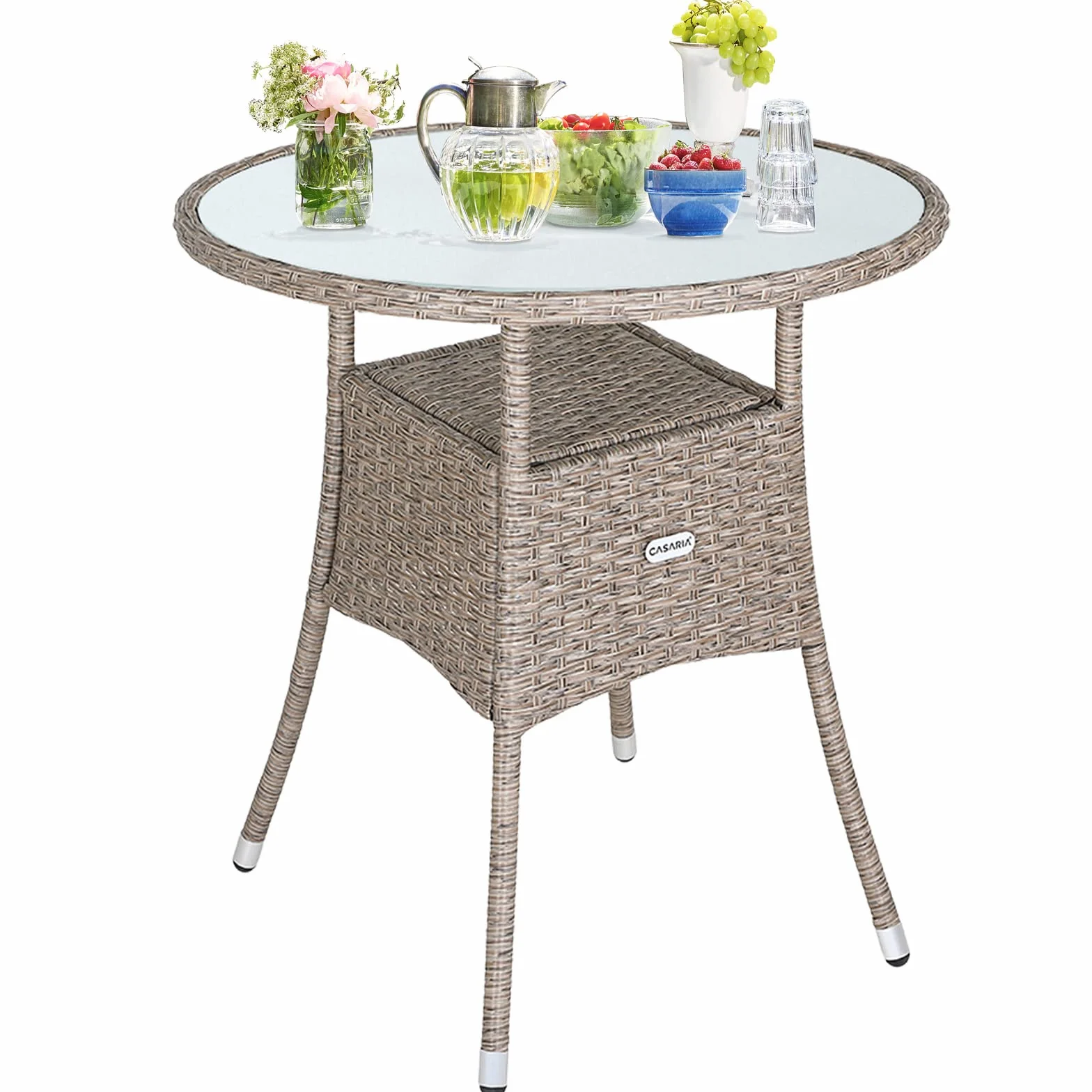Casaria Tavolo Rotondo da Giardino Polyrattan Ø60 Piano in Vetro 5mm Altezza Regolabile