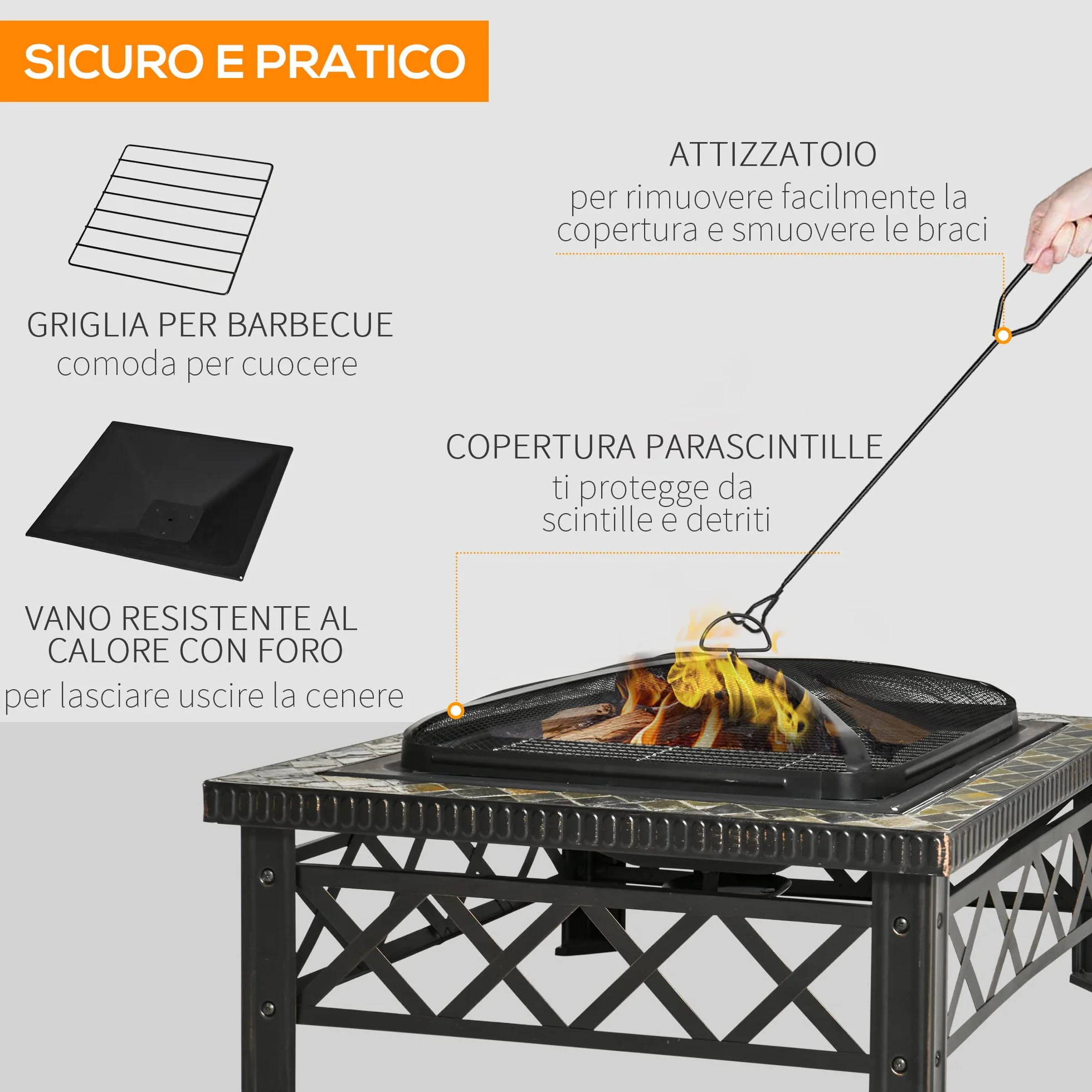 Outsunny Braciere da Giardino 76x76x47cm Nero con Coperchio Parascintille e Griglia per Barbecue