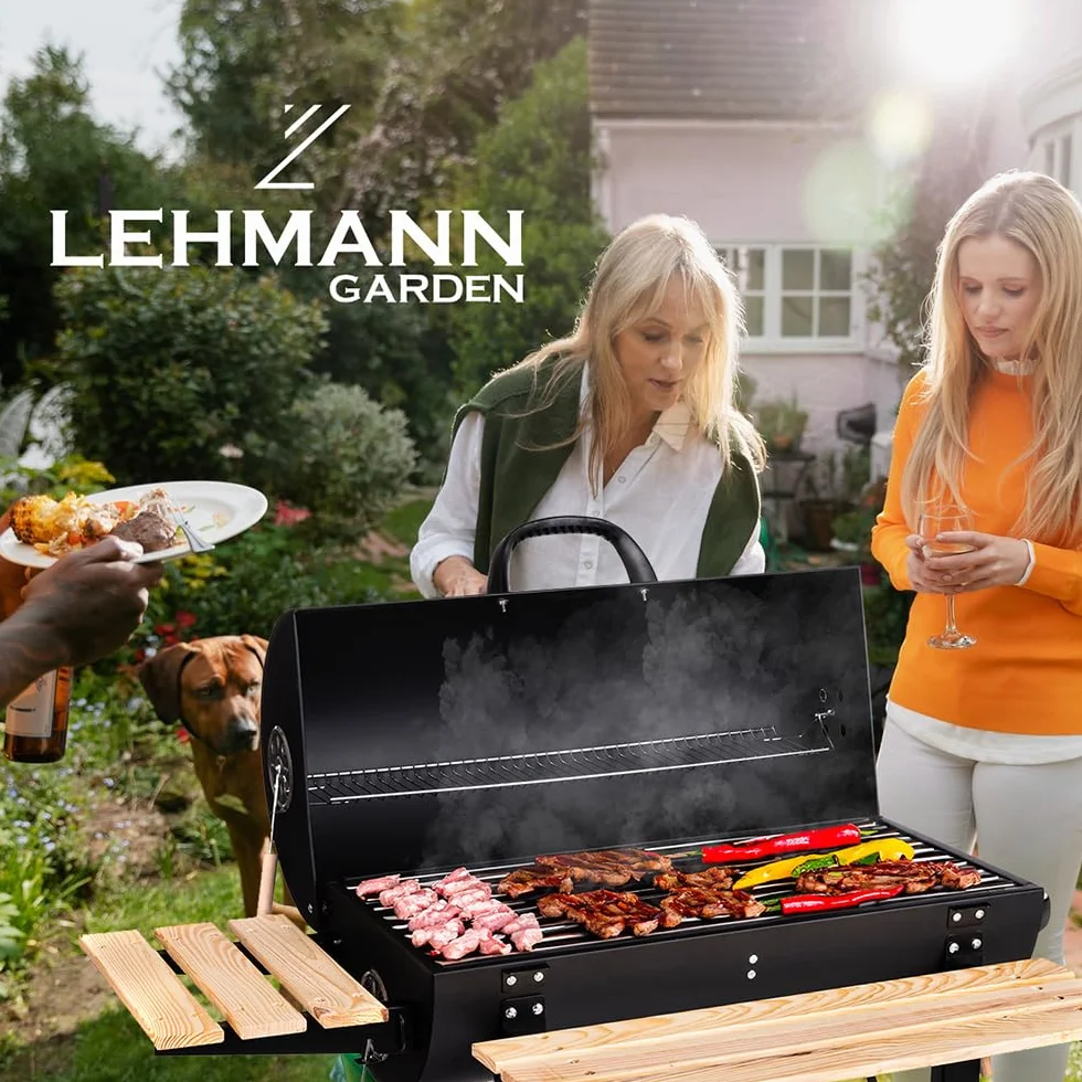 LEHMANN Barbecue a Carbonella con Griglia XL, Carrello Grill con Due Ripiani in Legno