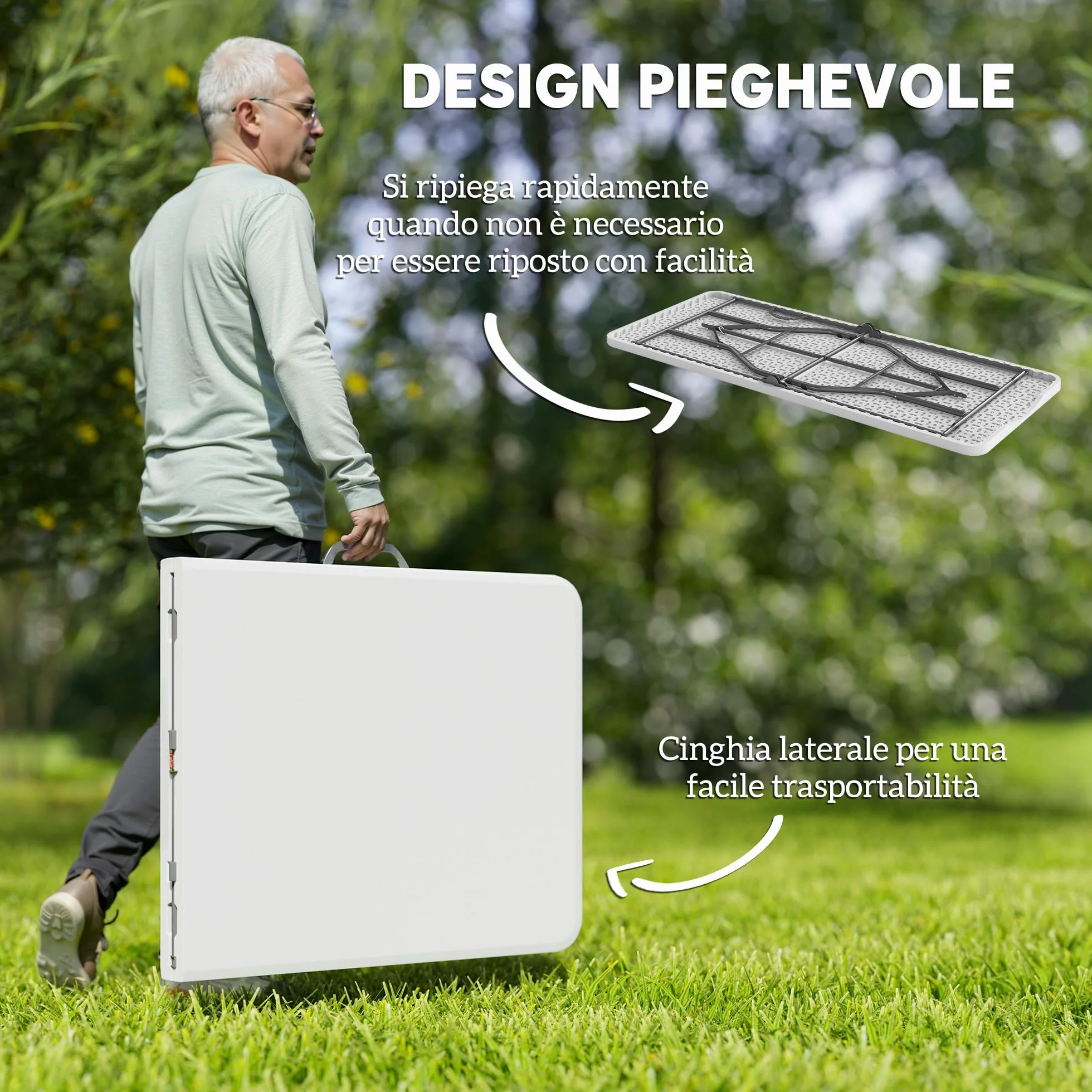 Outsunny Tavolo da Campeggio Pieghevole 180x74x74 cm Bianco, Tavolino da Esterno con Telaio in Metallo