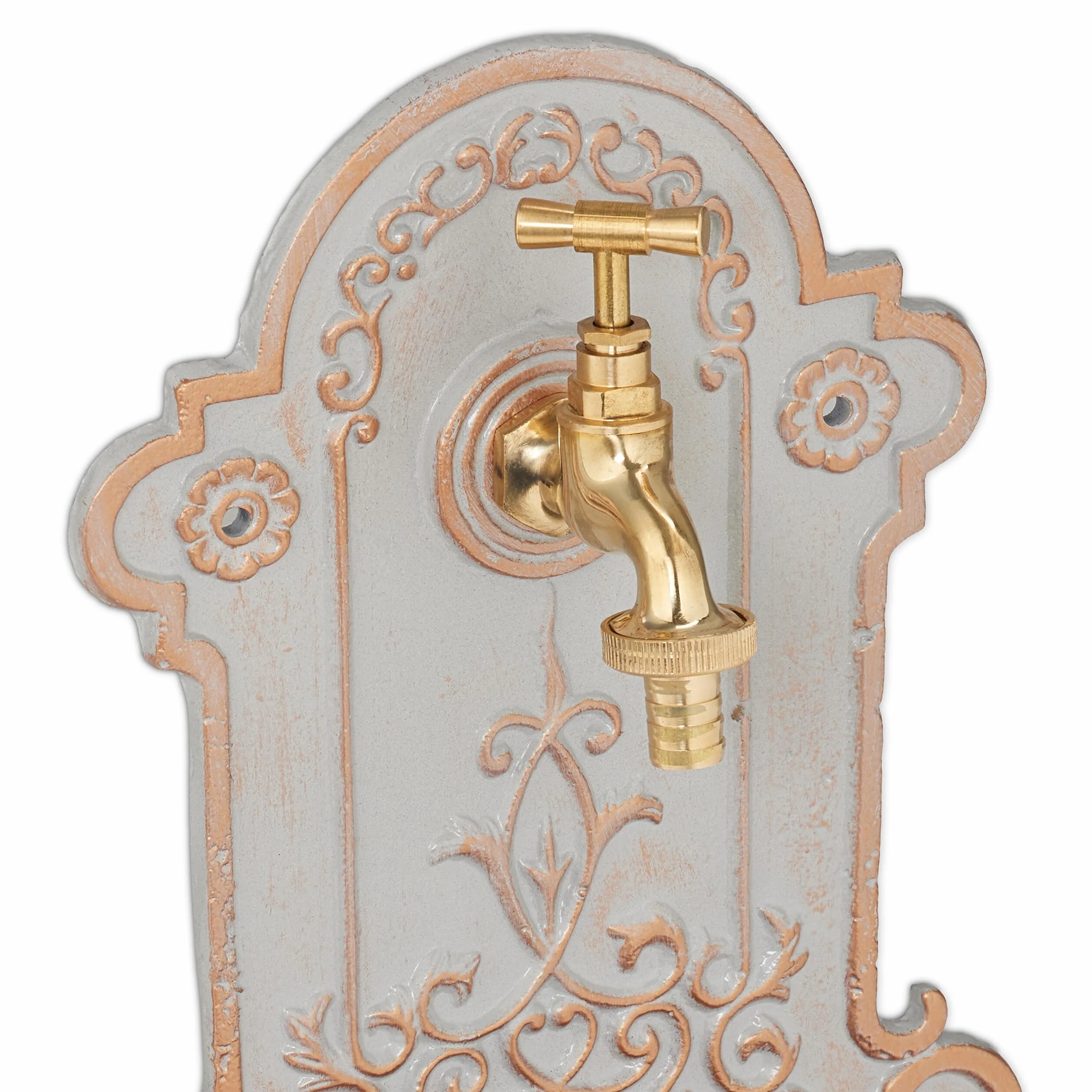 Relaxdays Fontana a Muro da Esterno, Fontanella Giardino, Vaschetta Rubinetto, Ghisa e Ottone, 36x22x10,5 cm, Oro Grigio