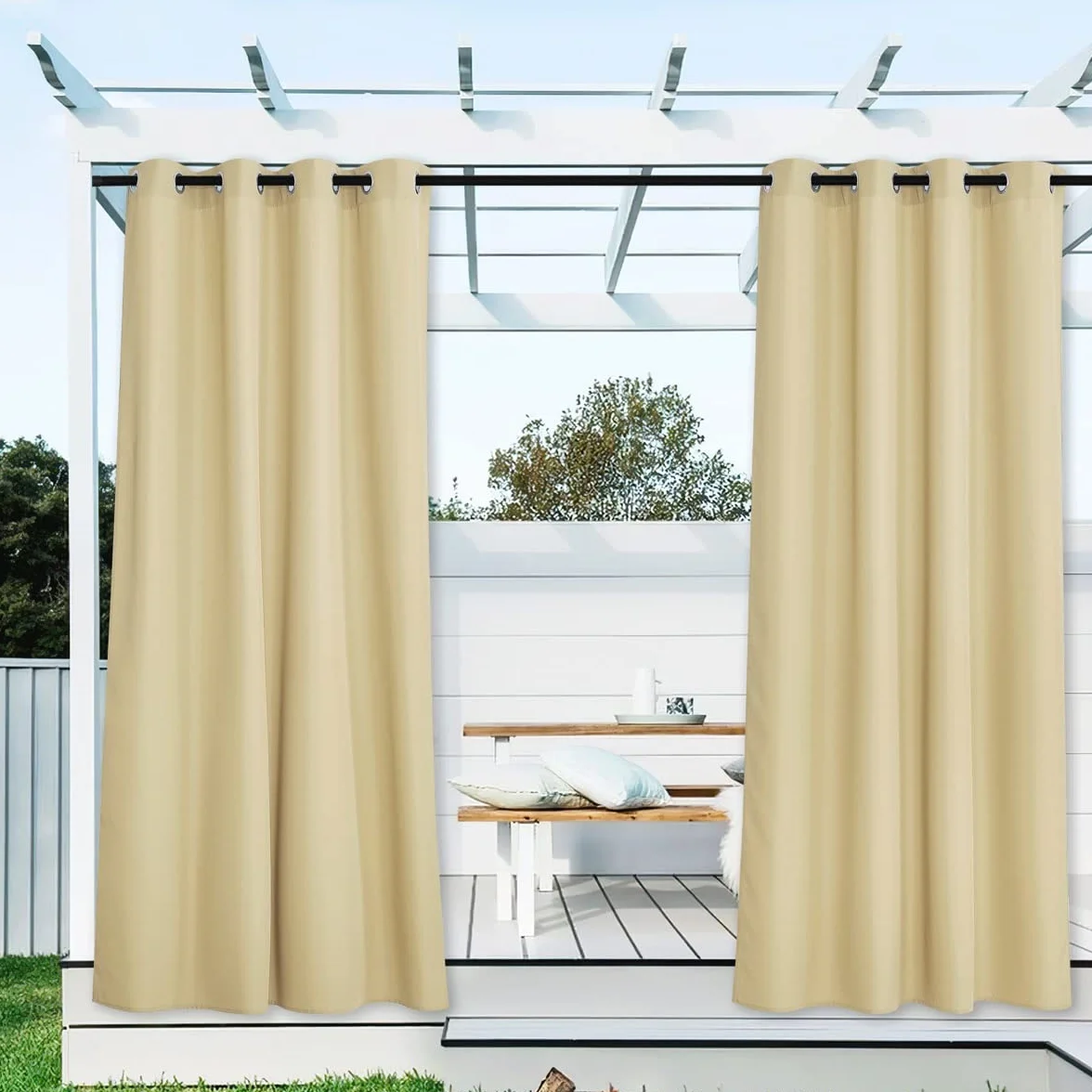 PONY DANCE Tende da Sole per Esterno con Anelli 2 Pezzi L 140 x A 213 cm Curtains Impermeabile Beige per Gazebo e Balconi Tende Termiche per Porta Esterna