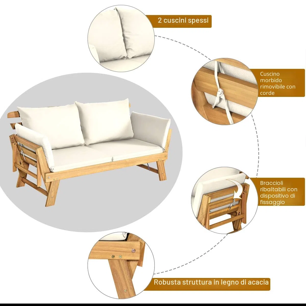 KOMFOTTEU Divano Esterno Giardino 2 Posti, 2 in 1 con Cuscino Morbido, Divanetto da Esterno in Legno di Acacia con Braccioli Regolabili, Sdraio per Terrazza e Cortile, 198/157 x 75 x 75 cm (Bianco)
