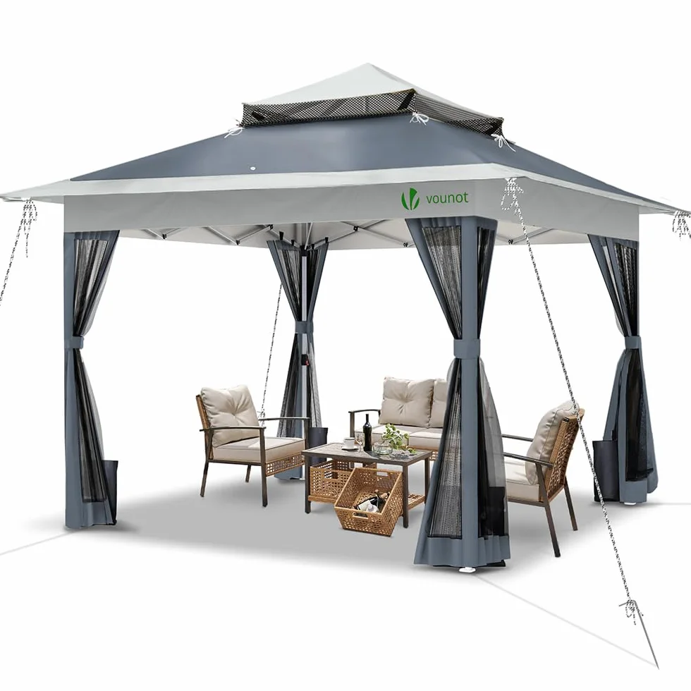Gazebo da Giardino Esterno 3.6x3.6m Pieghevole Anti-UV con Struttura in Acciaio Tetto Doppio Grigio