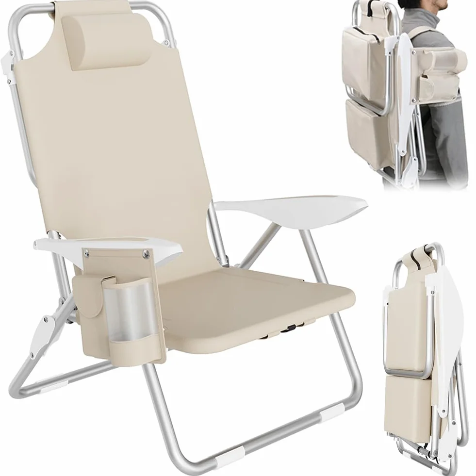 BAKAJI Sedia Pieghevole da Spiaggia in Alluminio con Tasca e Borsa Termica (Beige)