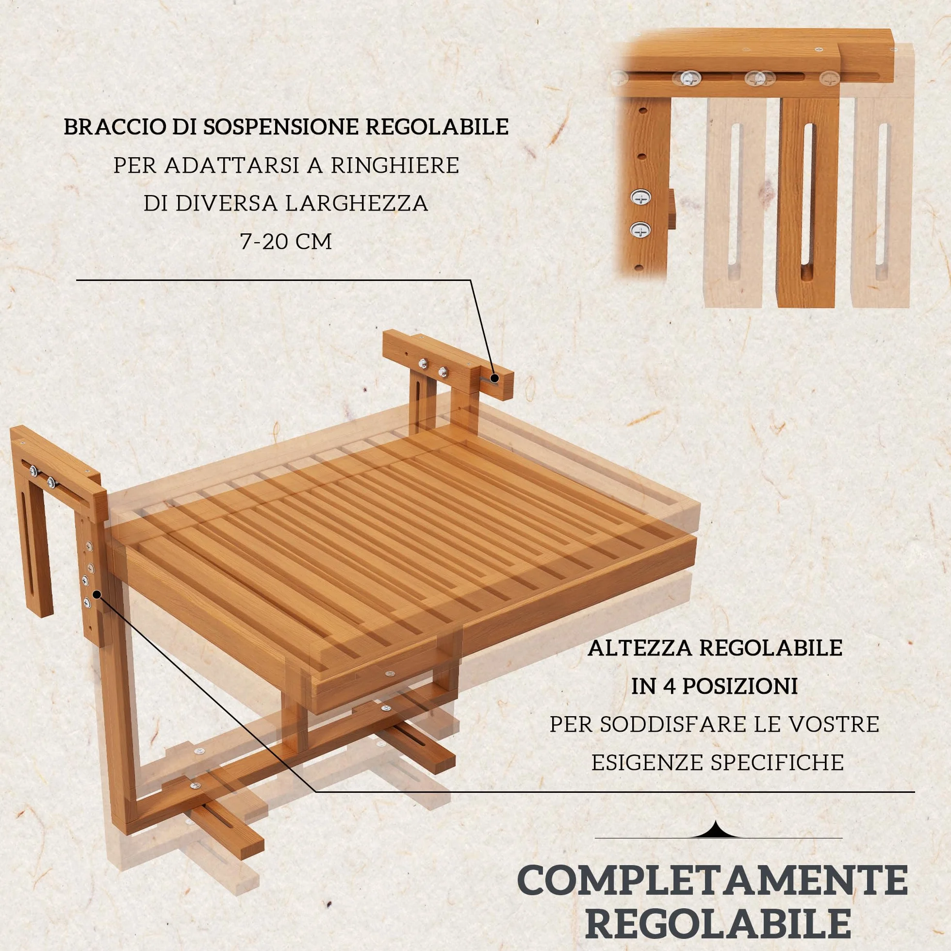 Outsunny Tavolino da Balcone Pieghevole Regolabile in Altezza 40.5-55cm, Legno di Pino, Teak