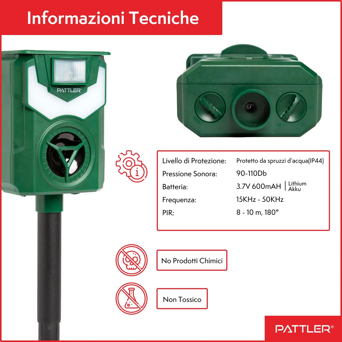 PATTLER Repellente Ultrasuoni Solare per Gatti e Animali - Efficace Dissuasore per Gatti, Piccioni e Altri Animali - Ideale per Fattorie, Giardini e Cortili