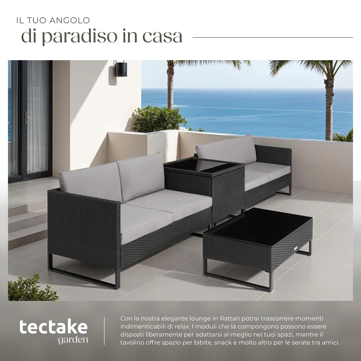 tectake® Salottino in Rattan Ostuni, Set da Giardino con 2 Sofà e 1 Tavolo con Lastra in Vetro, Box Contenitore, Cuscini Spessi, Telaio in Acciaio, Intreccio in Polyrattan - Nero