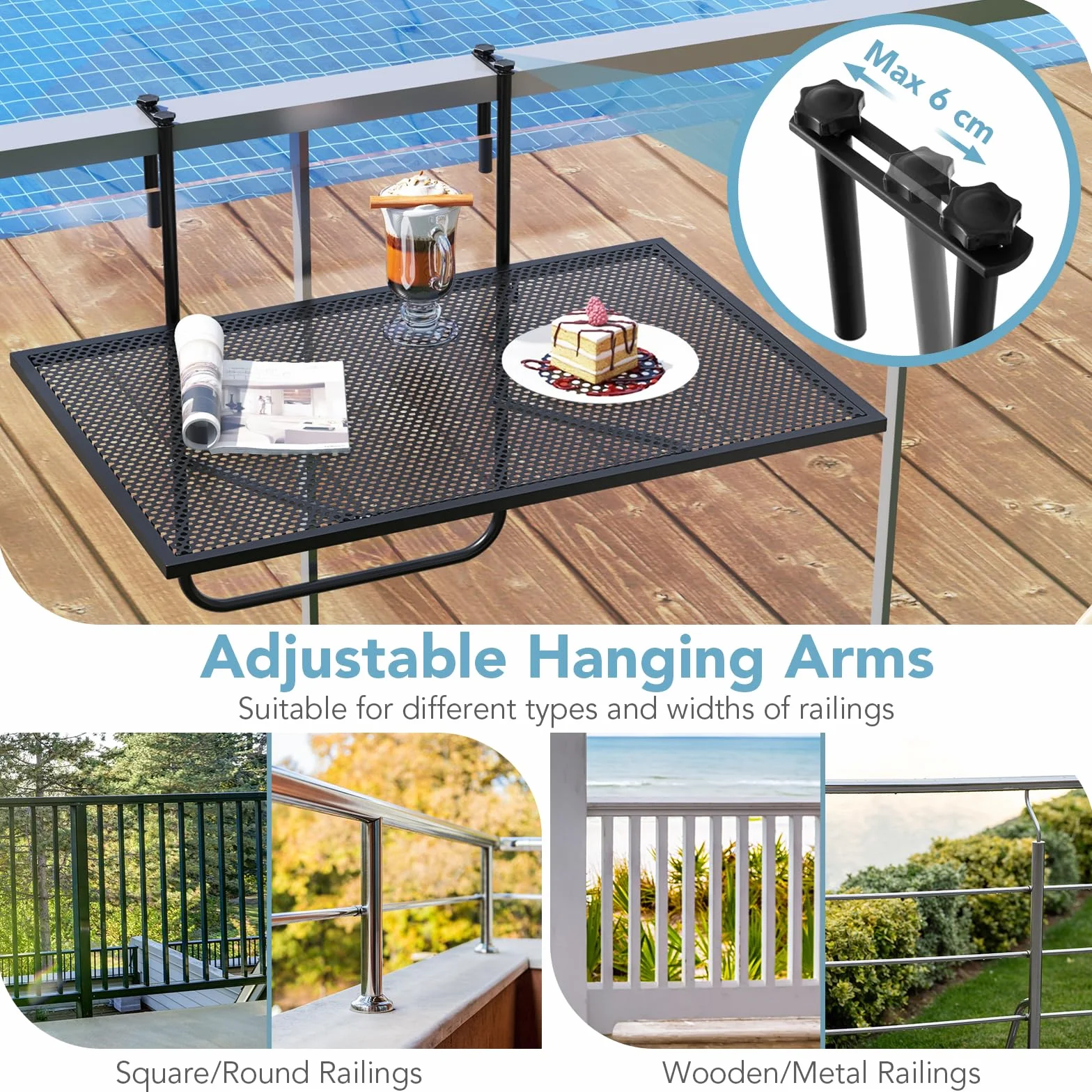 GIANTEX Tavolo da Balcone Appeso, Tavolo Pieghevole per Ringhiere fino a 6 cm di Spessore, Tavolino Salvaspazio per Ringhiere Esterne con Telaio in Metallo per Patio, Portico, Terrazza, Nero
