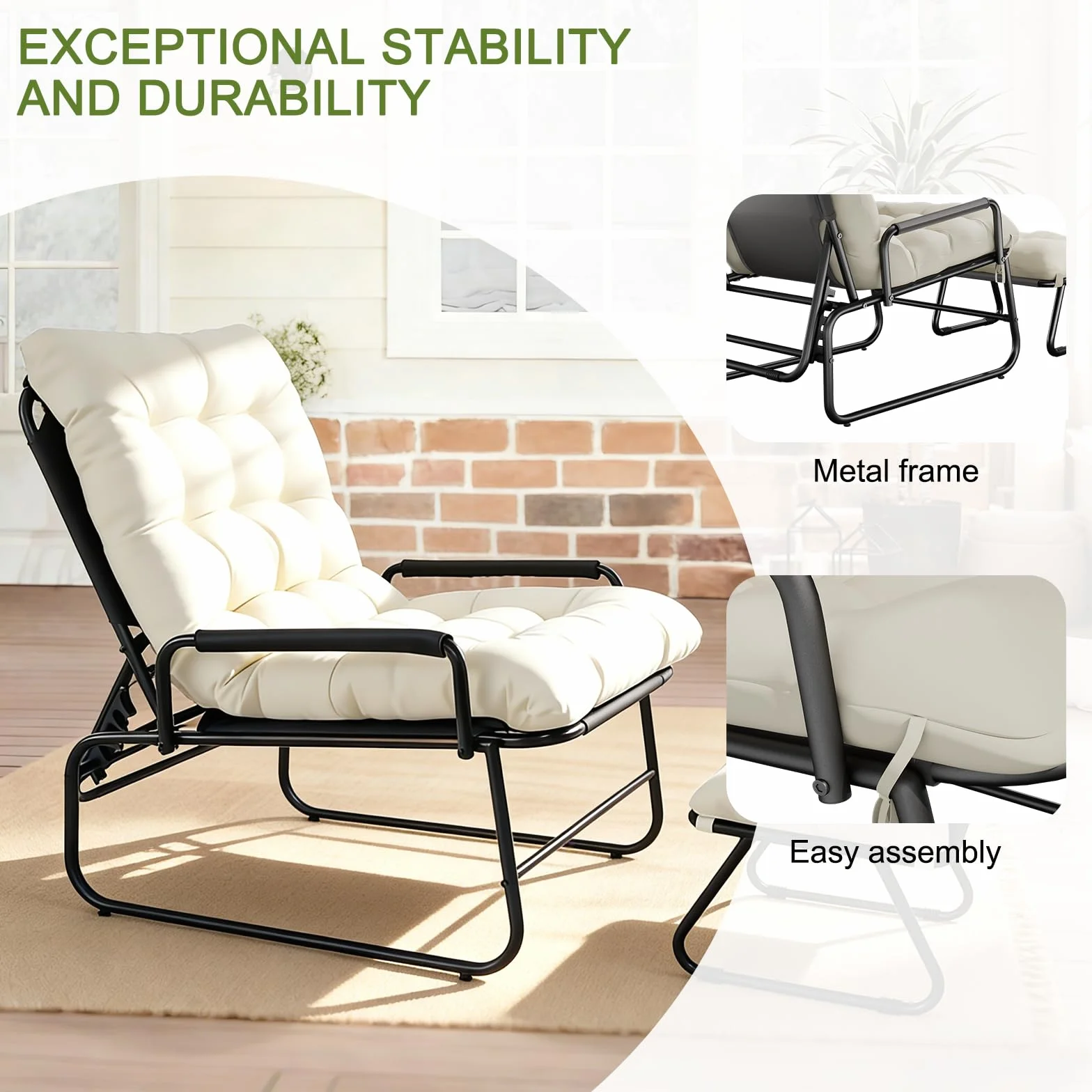 Sdraio da Balcone, Schienale Regolabile in 4 Posizioni, Poltrona Reclinabile con Poggiapiedi, Sdraio da Giardino con Cuscino Sfoderabile, Ideale per Balcone, Giardino e Soggiorno (Beige)