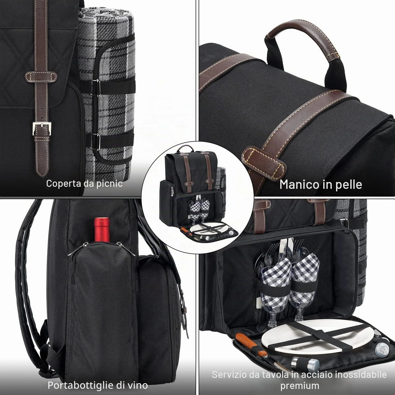 Zaino da picnic per 4 persone con grande borsa termica isolata, cestino da picnic con sacchetto di vino, coperta da picnic impermeabile e set di posate. Perfetto per spiaggia, festa, regalo di nozze