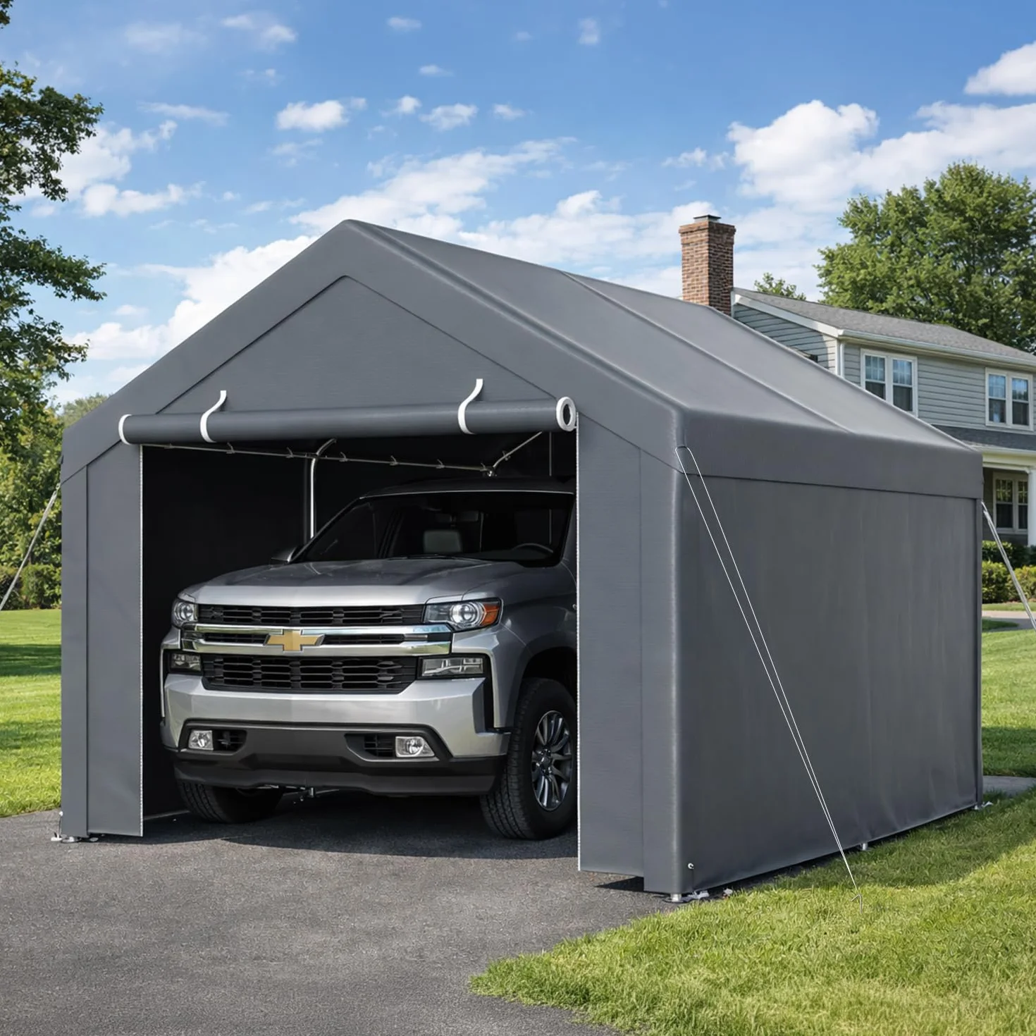 Tenda da garage con telone in PE resistente alle intemperie, impermeabile, con 2 pareti laterali e 10 picchetti, protezione UV, per auto, SUV, barca, 3 x 4 m