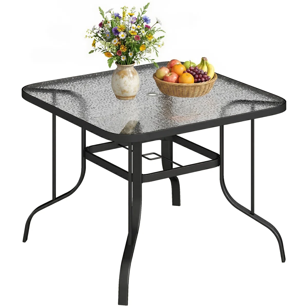 Outsunny Tavolo da Giardino per 4 Persone con Foro per Ombrellone Ø43 mm, Tavola da Pranzo da Esterno in Metallo e Vetro Temperato, Per Patio, Terrazzo, Balcone ed Esterno, 96.5x96.5x72 cm, Nero