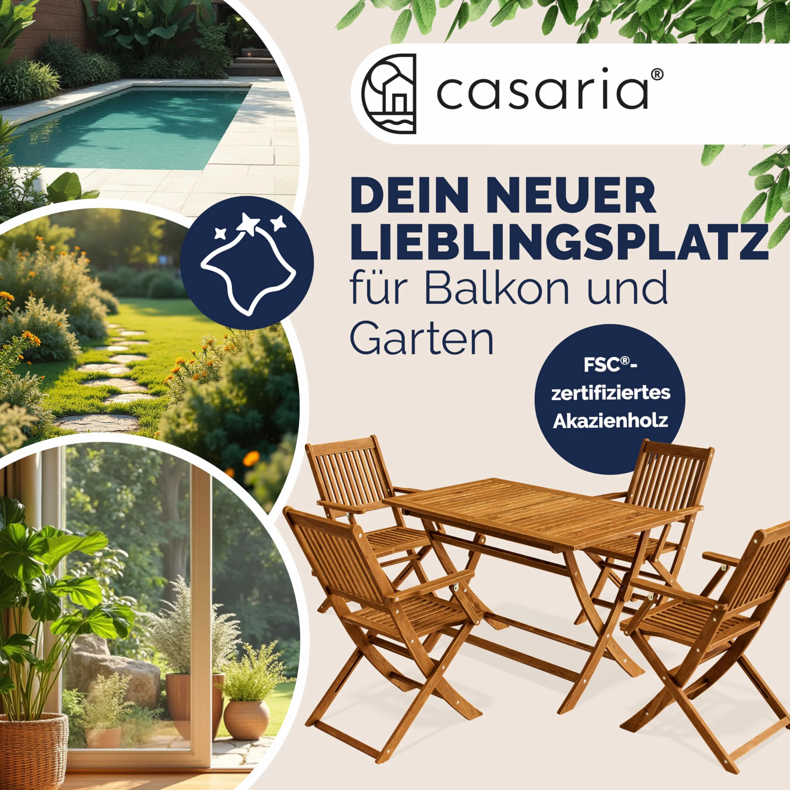 Casaria Tavolo e 4 Sedie con Braccioli da Giardino in Legno di Acacia FSC® Modello 2026 Pieghevole 5 Pezzi Set Mobili Esterno