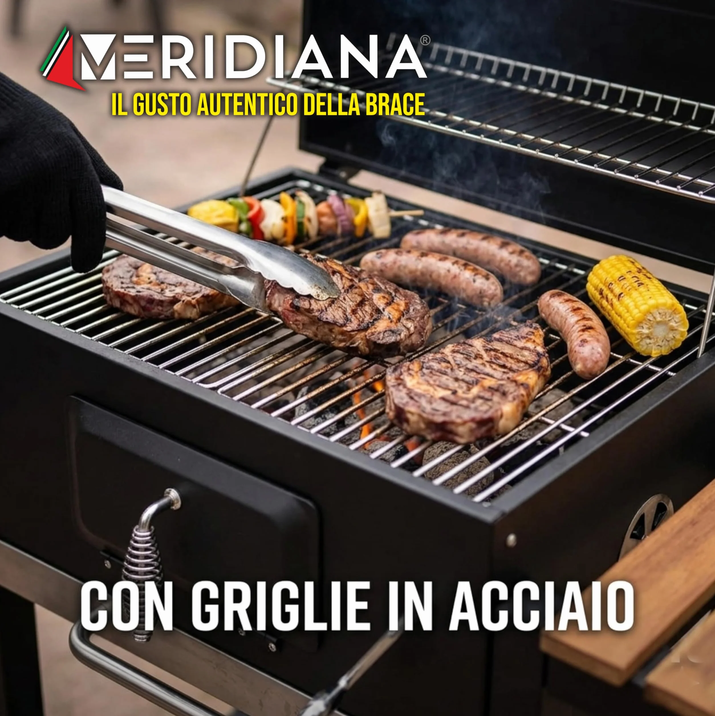 Meridiana Barbecue a Carbonella XXL con Coperchio e Termometro, Griglia in Acciaio Inox