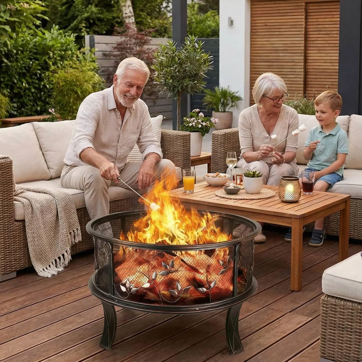 TLGREEN Braciere da giardino, braciere da Esterno con parascintille, stabile, fire pit 71 x 65 cm, con griglia per poker, 4 PCS piede, campeggio, spiaggia, tetto, look retrò, squisito motivo erba