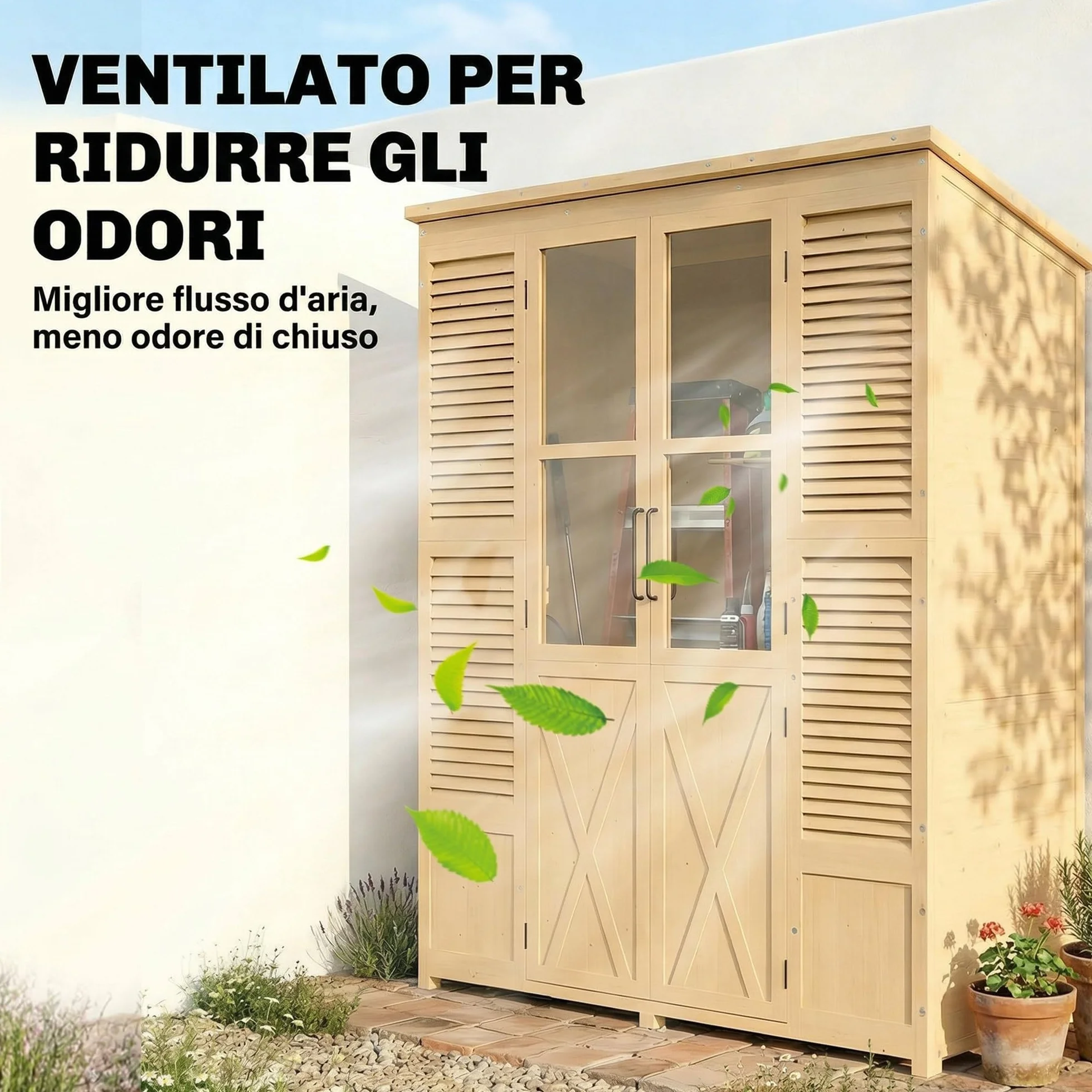 Outsunny Armadio da Giardino in Legno Abete Walk-in, Casetta Porta Attrezzi da Esterno con Tetto Inclinato Asfalto, 4 Finestre, 6 Ripiani, Prese d'Aria, Kit Antiribaltamento, 147x68x198cm, Color Legno