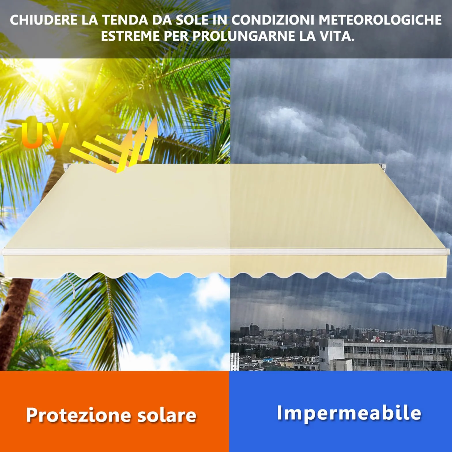 COSTWAY Tenda da Sole per Esterno Avvolgibile 3,6 x 3 M, Bracci Estensibili in Alluminio, Resistente al Sole e Impermeabile, Beige