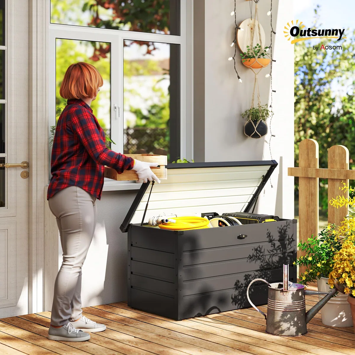 Outsunny Panca Baule Contenitore da Giardino con Chiave, Cassapanca Moderna in Acciaio, Grigio, 120x62x62cm
