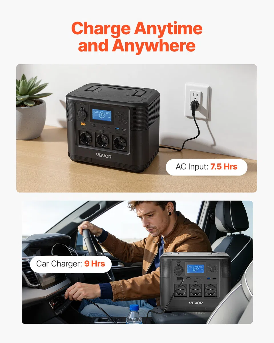 VEVOR Centrale Elettrica Portatile Generatore Solare da 1800 W Batteria di Backup LiFePO4 da 1008 Wh con 8 Porte di Uscite per Campeggio Viaggio Camper Emergenza, Pannello Solare Non Incluso