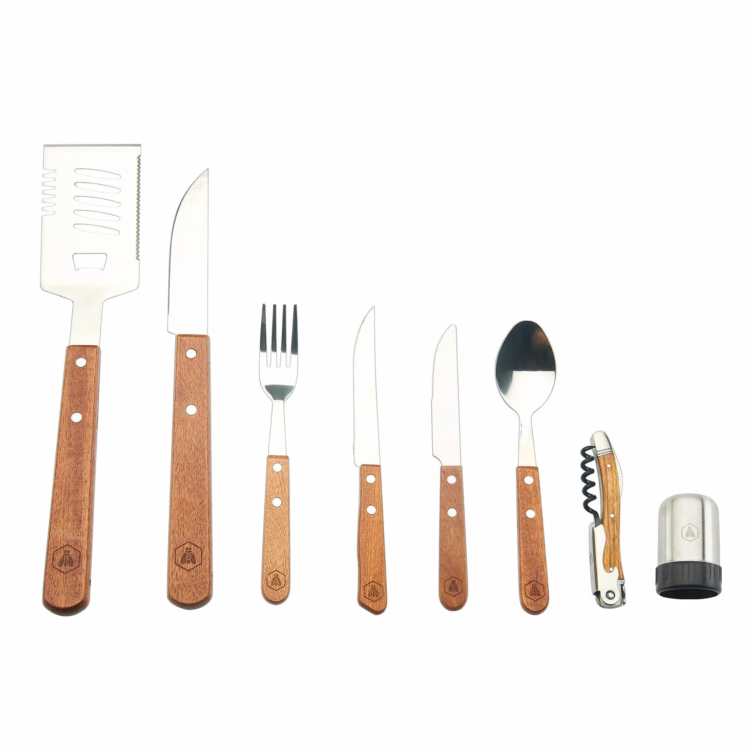 LAGUIOLE Set Completo da Picnic 18 Pezzi Coltelli Forchette Cavatappi Maniglie in Legno di Pino