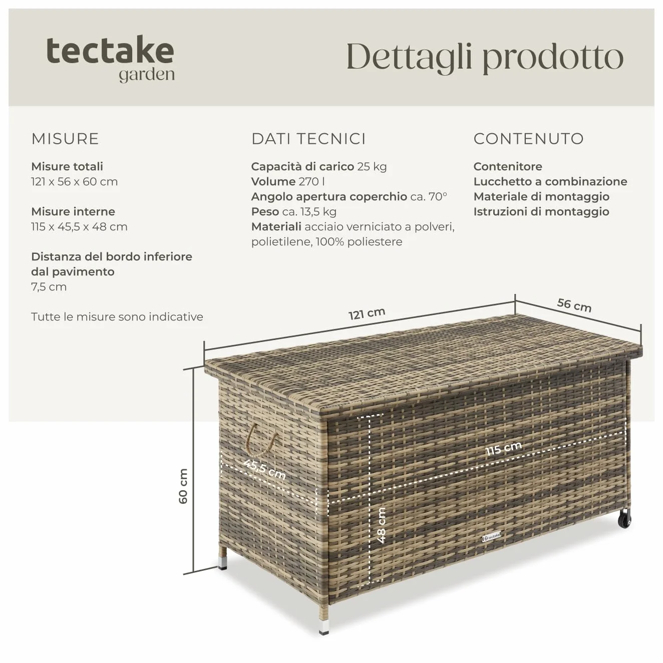 tectake Box Contenitore da Esterno Acciaio Polyrattan 120x55x61,5cm 270 L