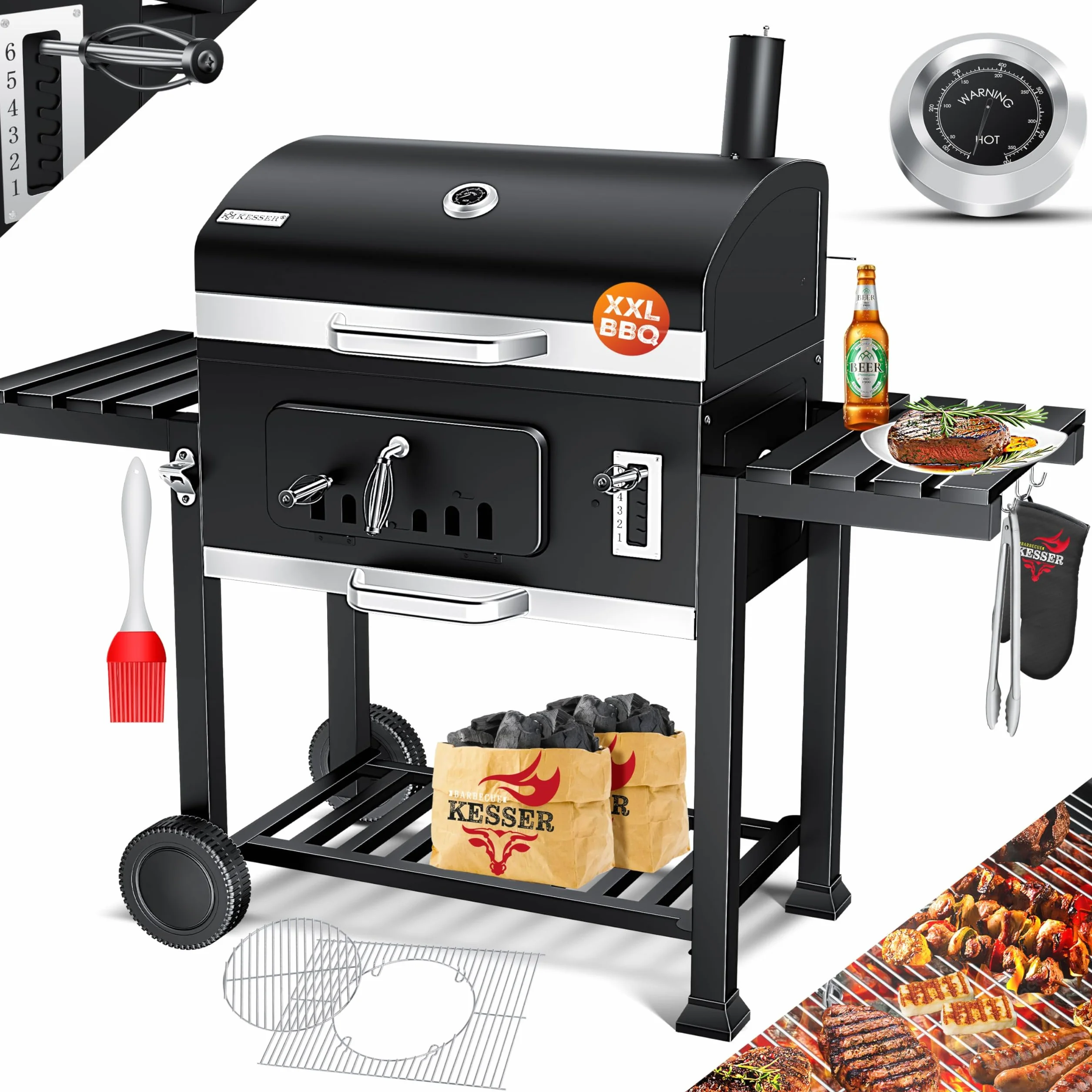 KESSER® Barbecue a carbonella XXL con Carrello, Coperchio, Acciaio Inox, Griglia e Termometro