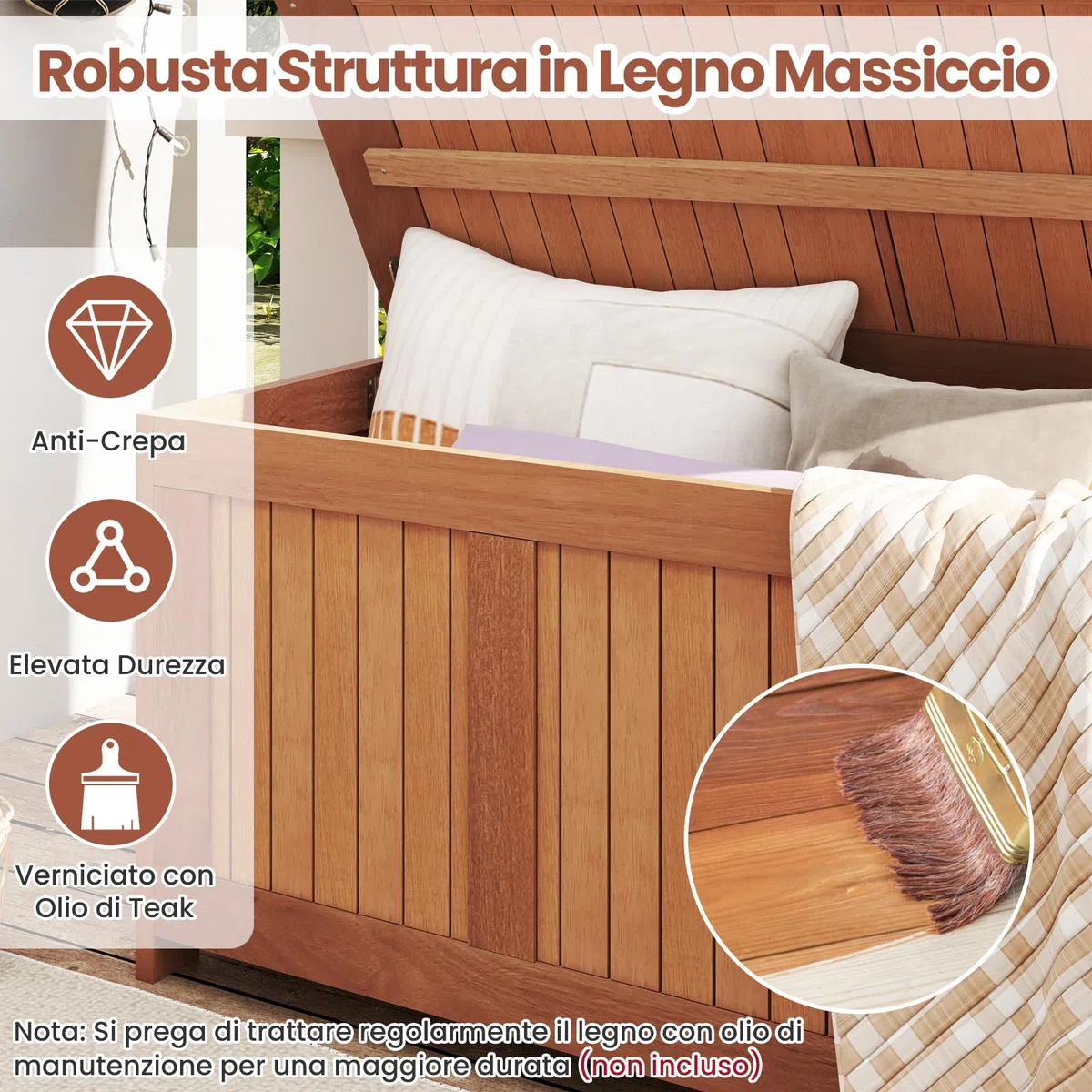 COSTWAY Baule da Giardino 220L, 3 in 1 Cassapanca Contenitore in Legno Massello con Coperchio Ribaltabile e Bordi Rialzati, Panca Portaoggetti per Interni e Esterni, 113,5 x 52 x 58,5 cm