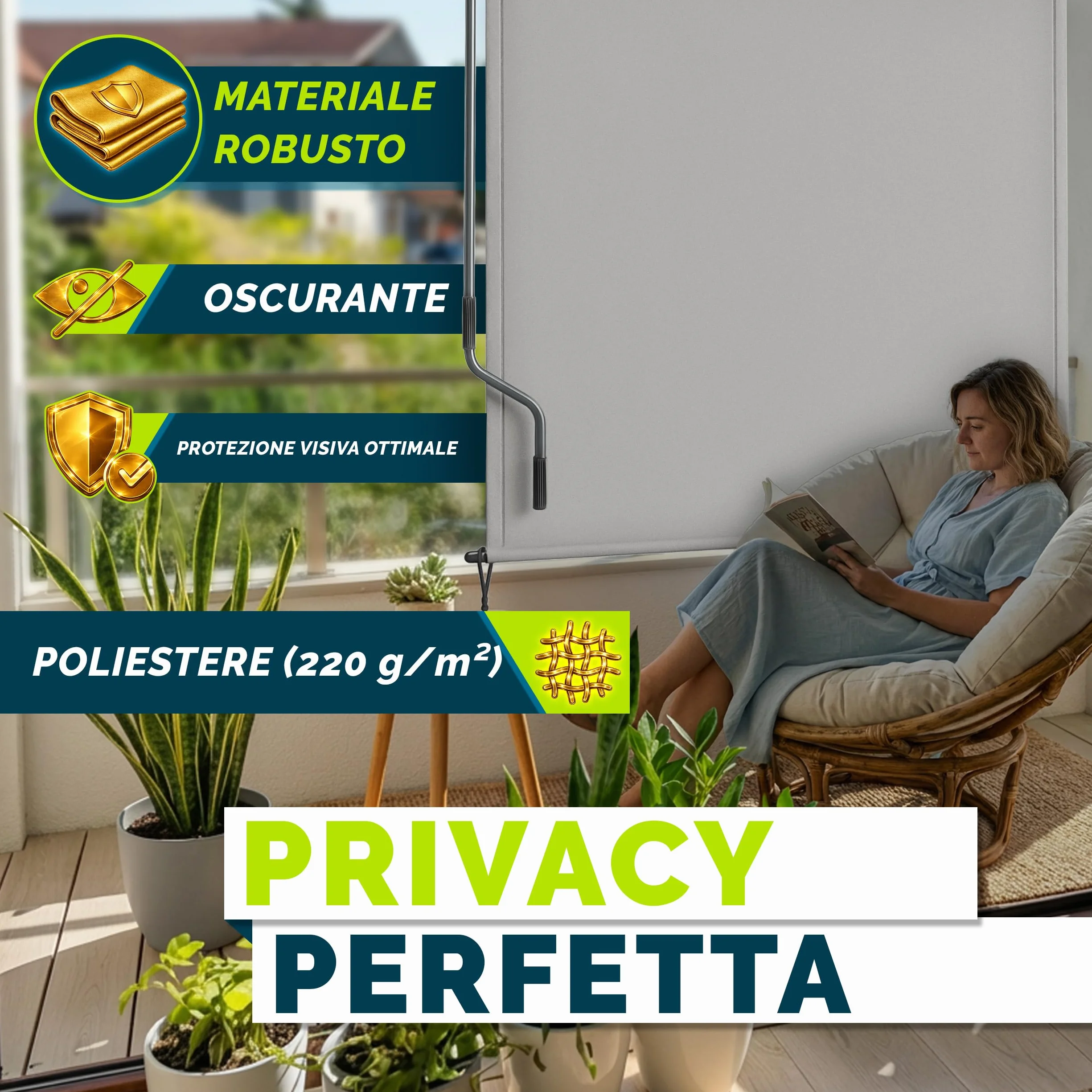 Tillvex Tenda da sole verticale 200 x 250 cm impermeabile con manovola in alluminio per balcone terrazza giardino