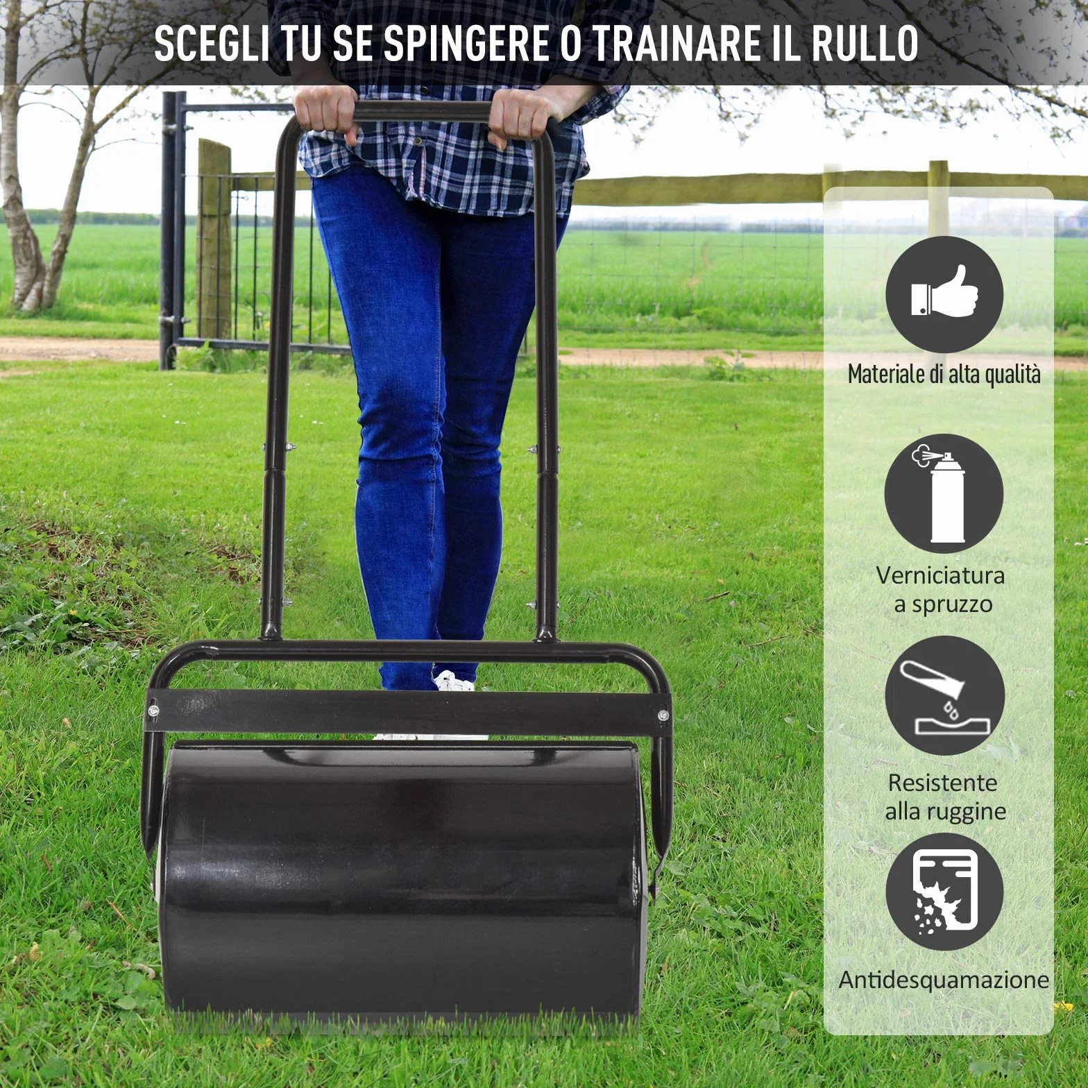Outsunny Rullo da Giardino Φ32x50cm in Metallo Impermeabile Nero, Serbatoio Fino 38 Litri (Acqua o Sabbia)