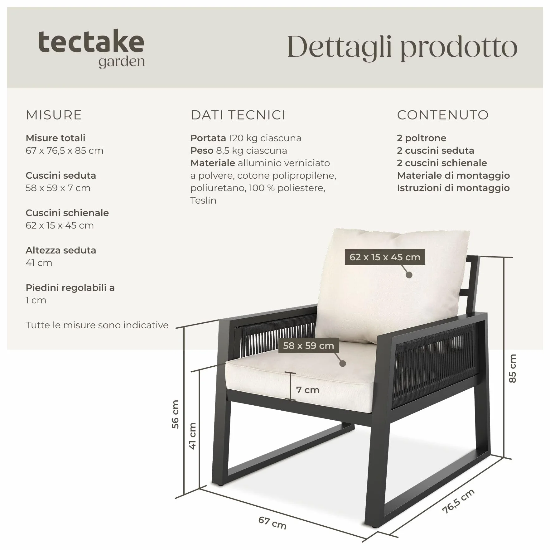Tectake Set Salottino da Giardino 2 Posti, Telaio Alluminio Antiruggine, Cuscini Spessi, Design a Corda