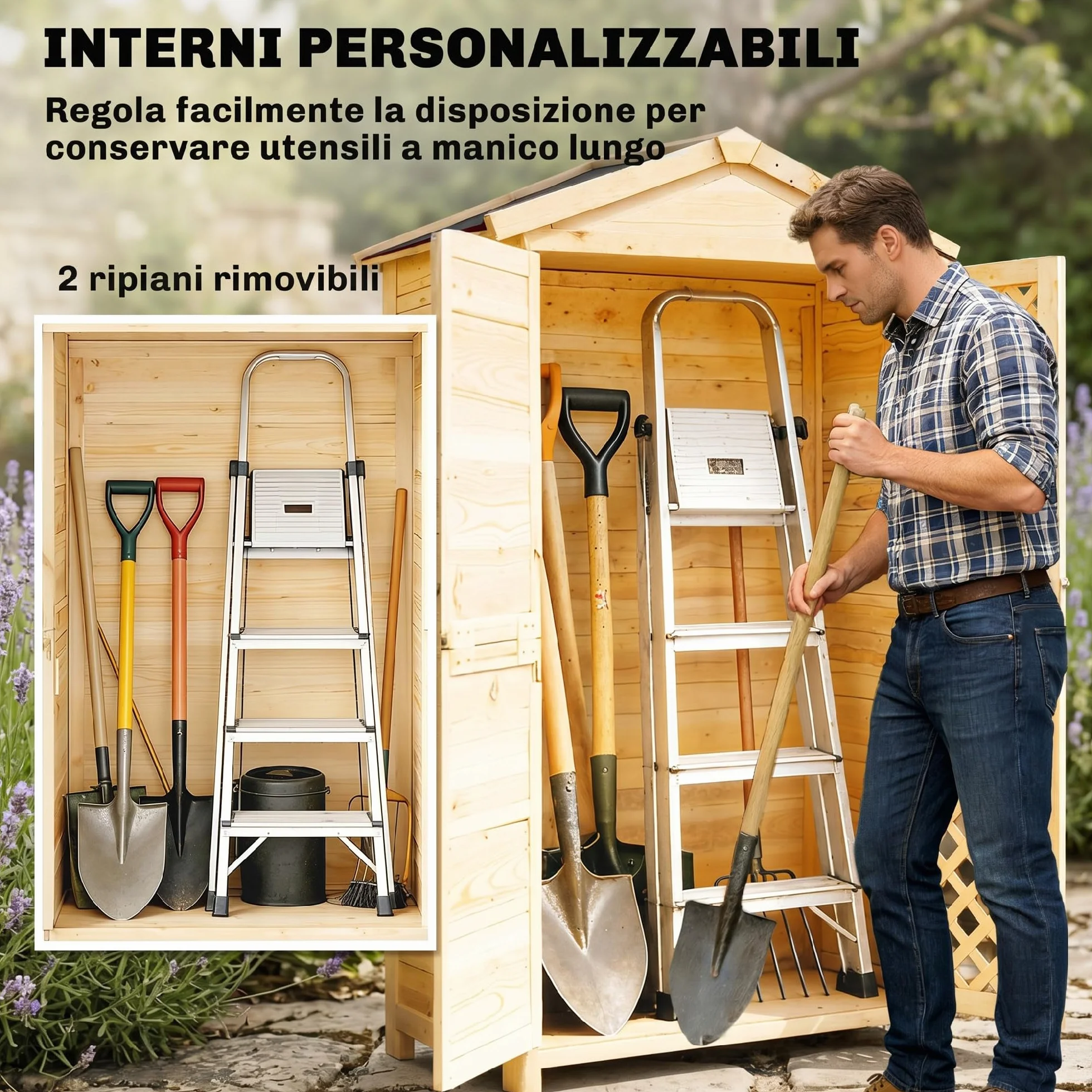Outsunny Armadio da Giardino in Legno di Abete con Ante Ventilate e Kit Antiribaltamento, Casetta Porta Attrezzi da Esterno con Ripiani Rimovibili e Tetto Inclinato in Asfalto, Colore Legno