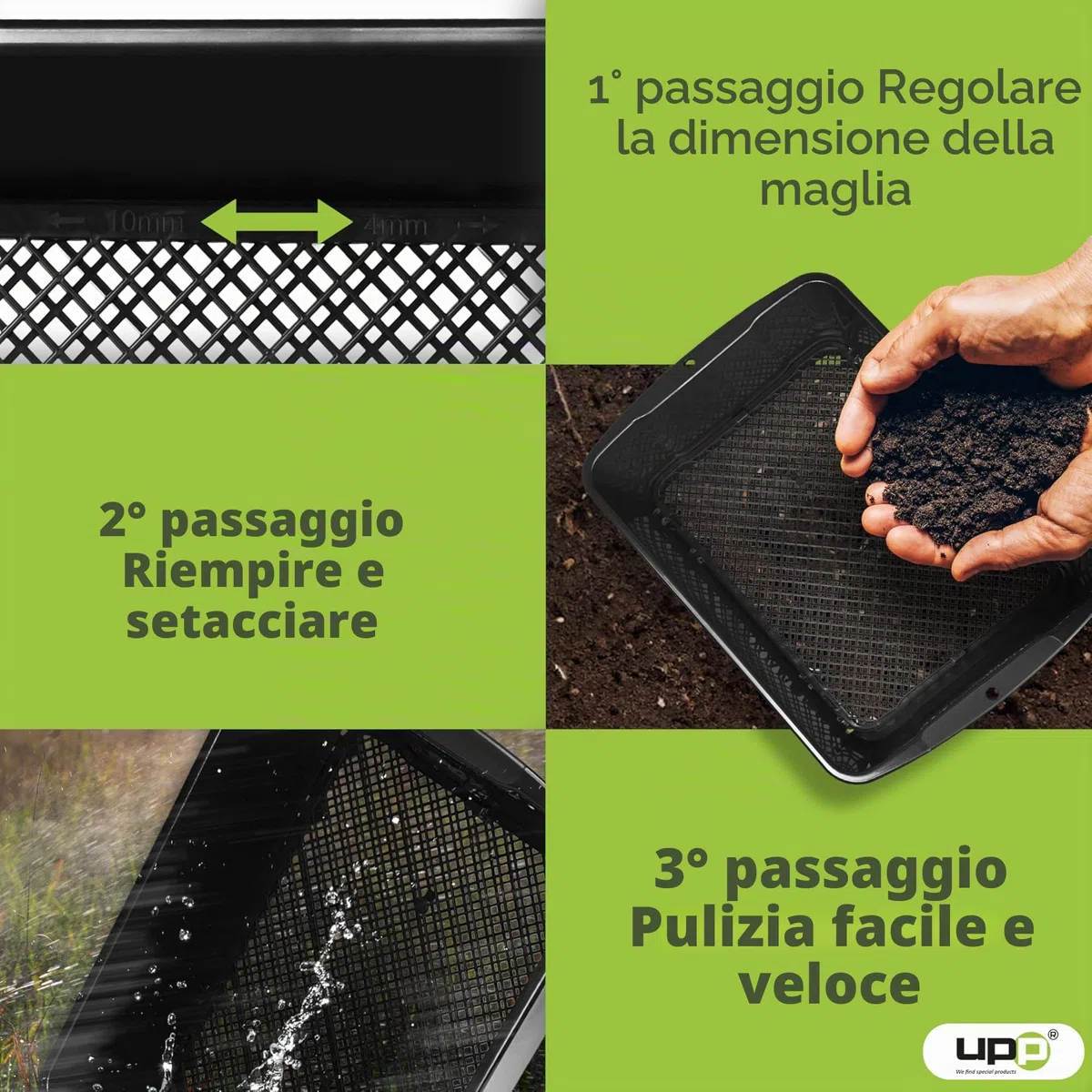 UPP 2-in-1 Setaccio da Giardinaggio 10mm 4mm Maglia Intercambiabile 39,5x29x11 cm Nero