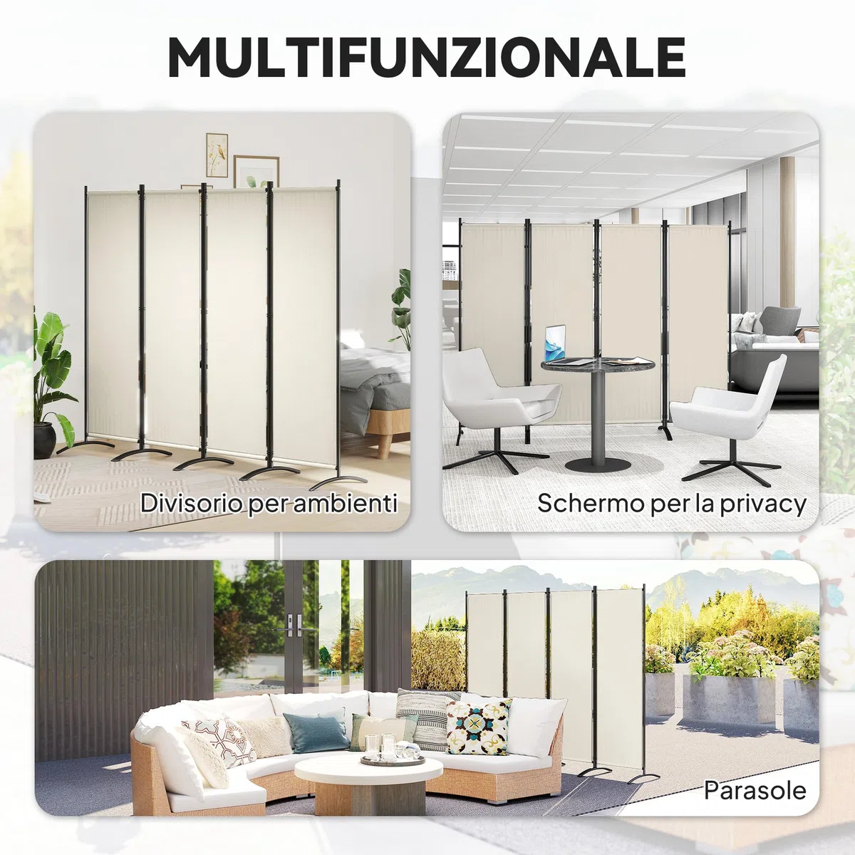 Outsunny Paravento Separé da Giardino 4 Pannelli Pieghevole, 221x50x172cm, Crema