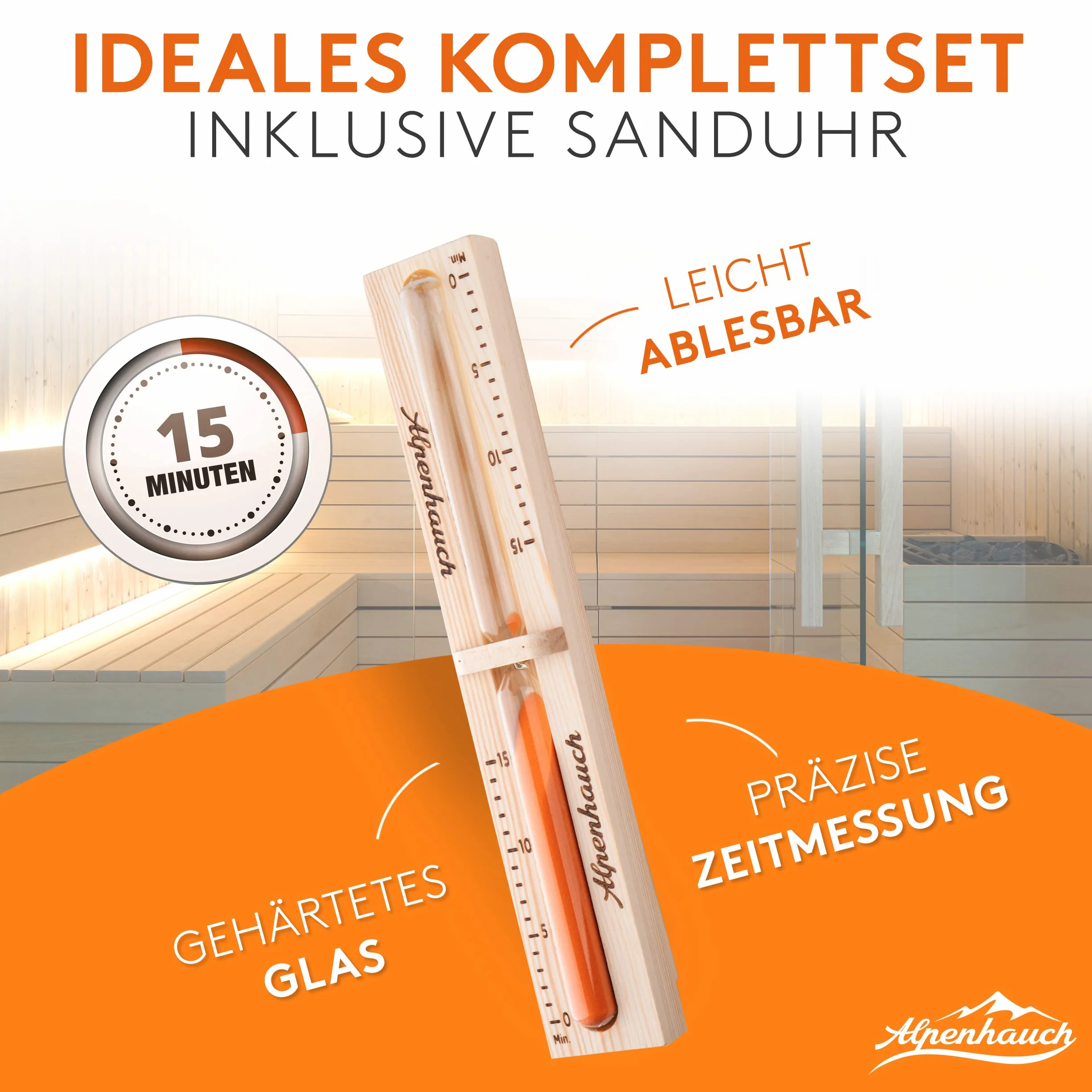 ALPENHAUCH Secchio per sauna con cazzuola in legno naturale – Set accessori per sauna con clessidra e termometro/igrometro