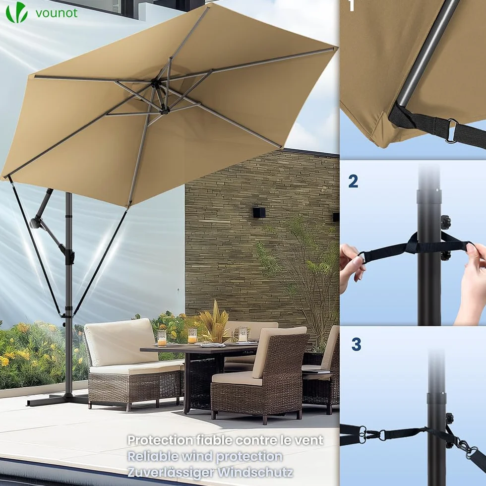 VOUNOT Ombrellone da Giardino Decentrato 3M con Base a Croce e Cinghia Antivento Protezione UV Cachi