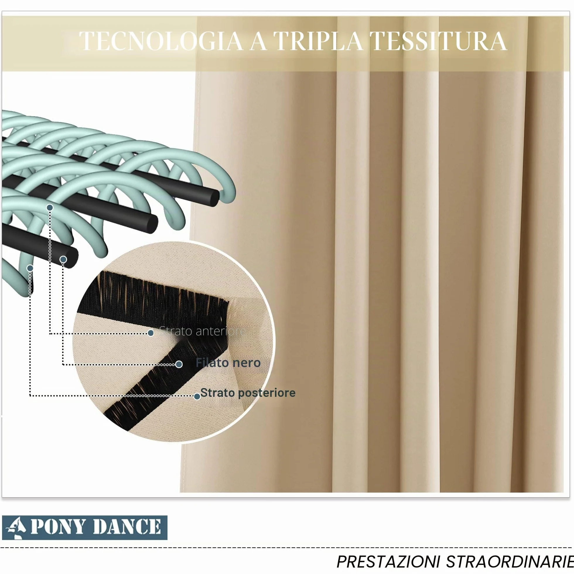 PONY DANCE Anti-UV Tende da Esterno Impermeabili Tende da Sole per Balconi con Anelli 2 Pezzi L132 x A213 CM Blackout Curtains Termiche per Gazebo e Verande, Beige