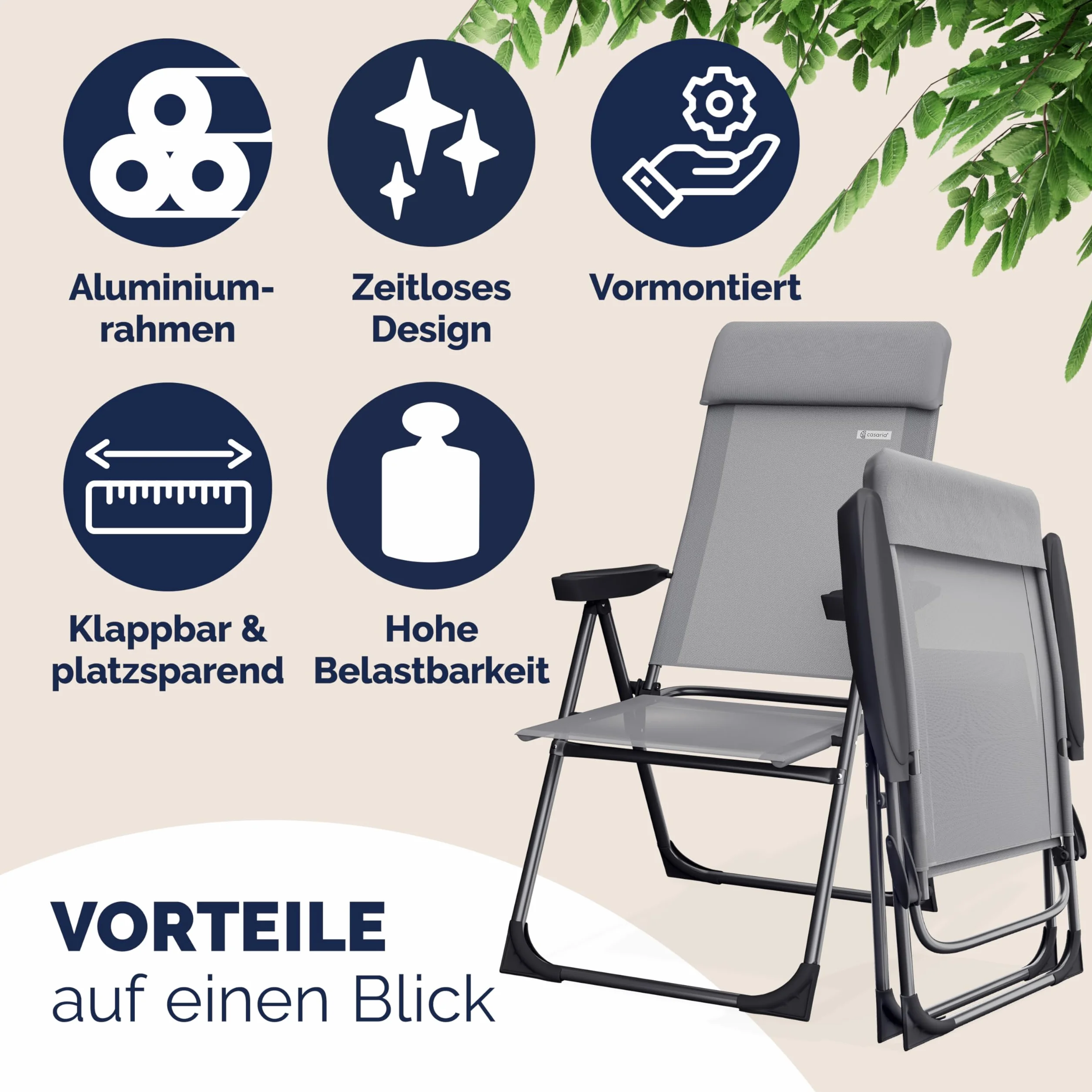 Casaria Set 2 Sedie da Giardino Pieghevoli Regolabili 7 Posizioni Alluminio