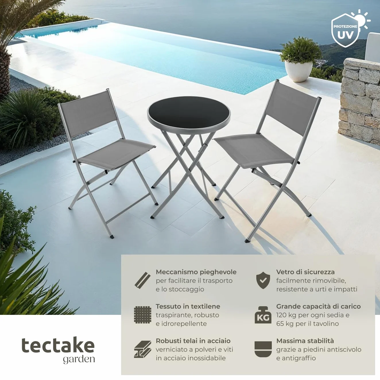 Set da Balcone Düsseldorf Tavolino Salotto con Piano in Vetro e 2 Sedie Mobili da Giardino con Telaio in Acciaio Richiudibile Trasportabile Design Moderno Grigio
